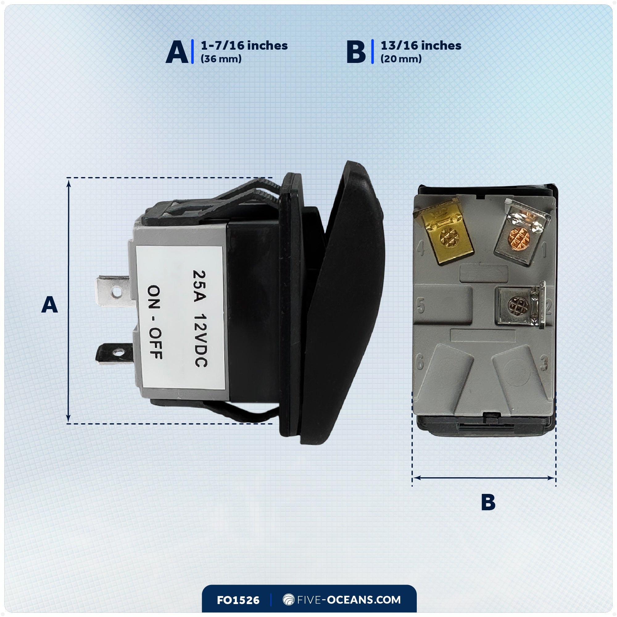 3-Pin On-Off LED Rocker Switch, SPST, 25A/12V DC - 15A/24V DC - FO1526 - Five Oceans