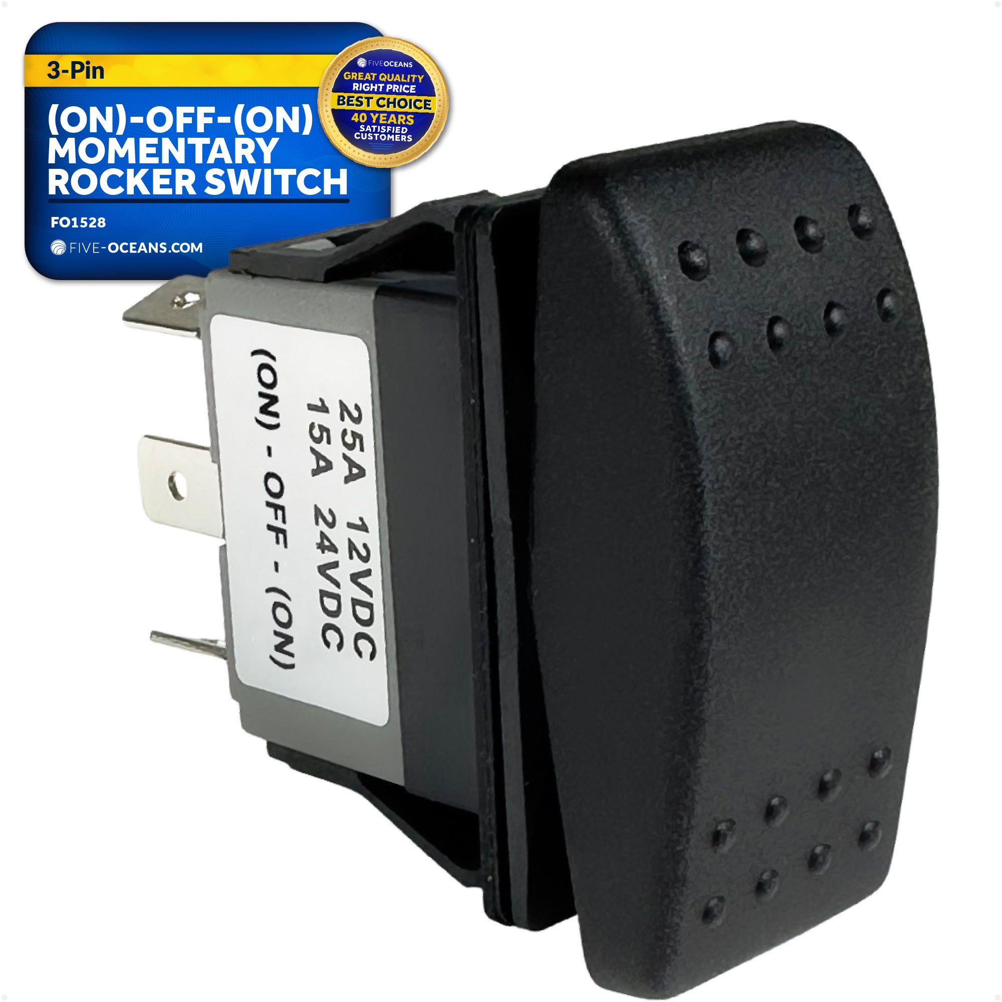 3-Pin (On)-Off-(On) Momentary Rocker Switch, SPDT, 25A/12V DC - 15A/24V DC - FO1528