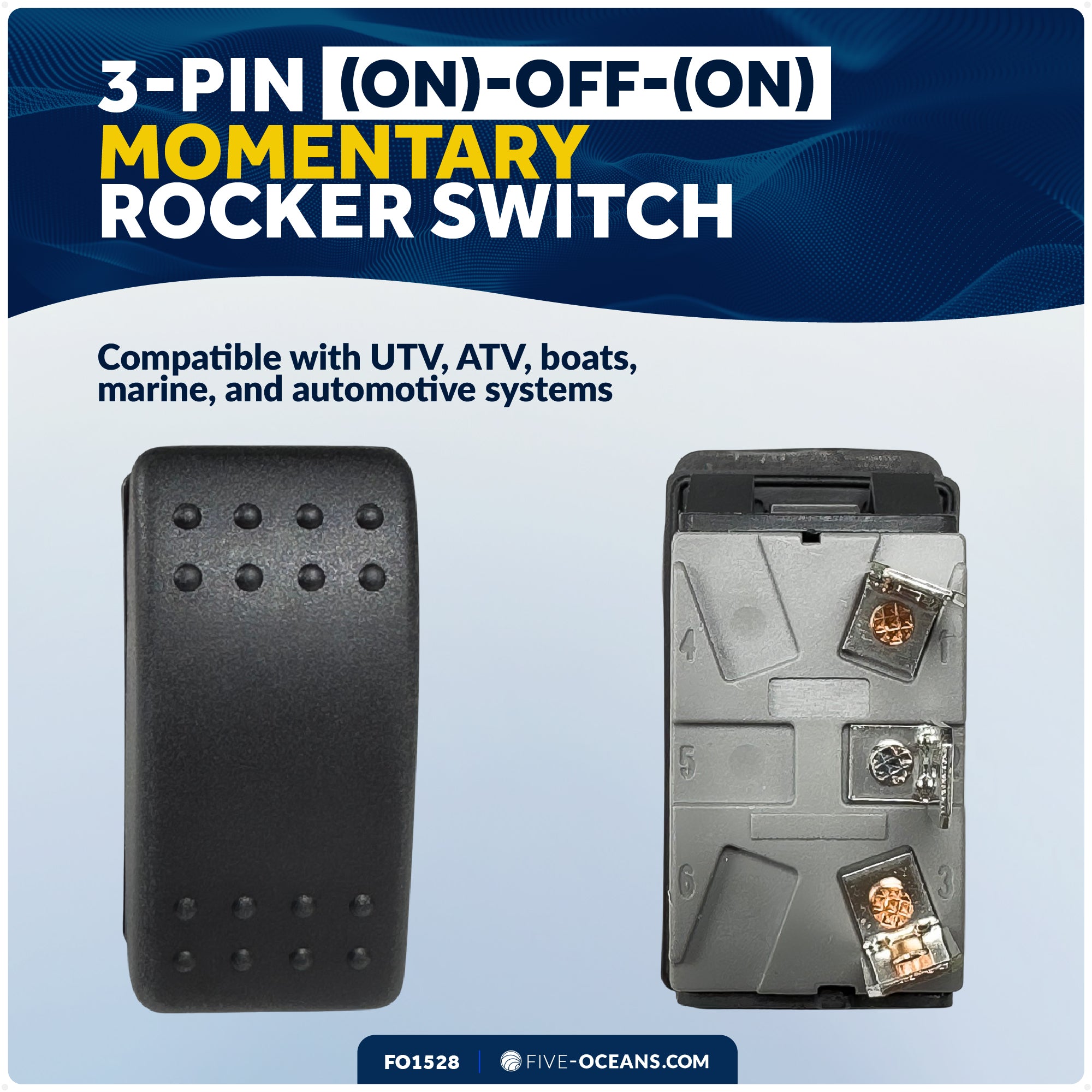 3-Pin (On)-Off-(On) Momentary Rocker Switch, SPDT, 25A/12V DC - 15A/24V DC - FO1528