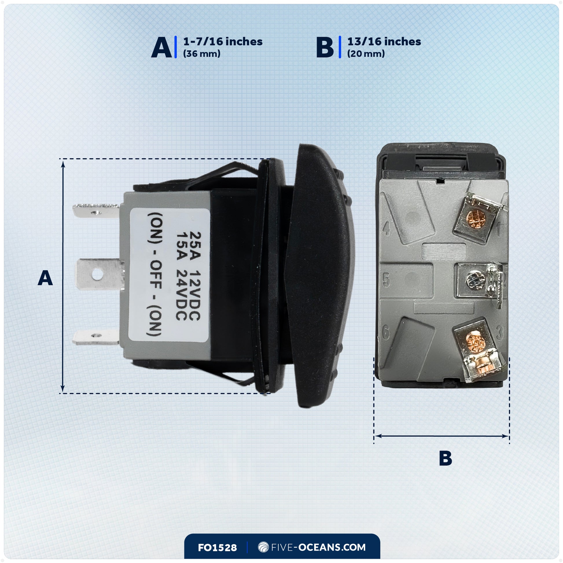 3-Pin (On)-Off-(On) Momentary Rocker Switch, SPDT, 25A/12V DC - 15A/24V DC - FO1528 - Five Oceans