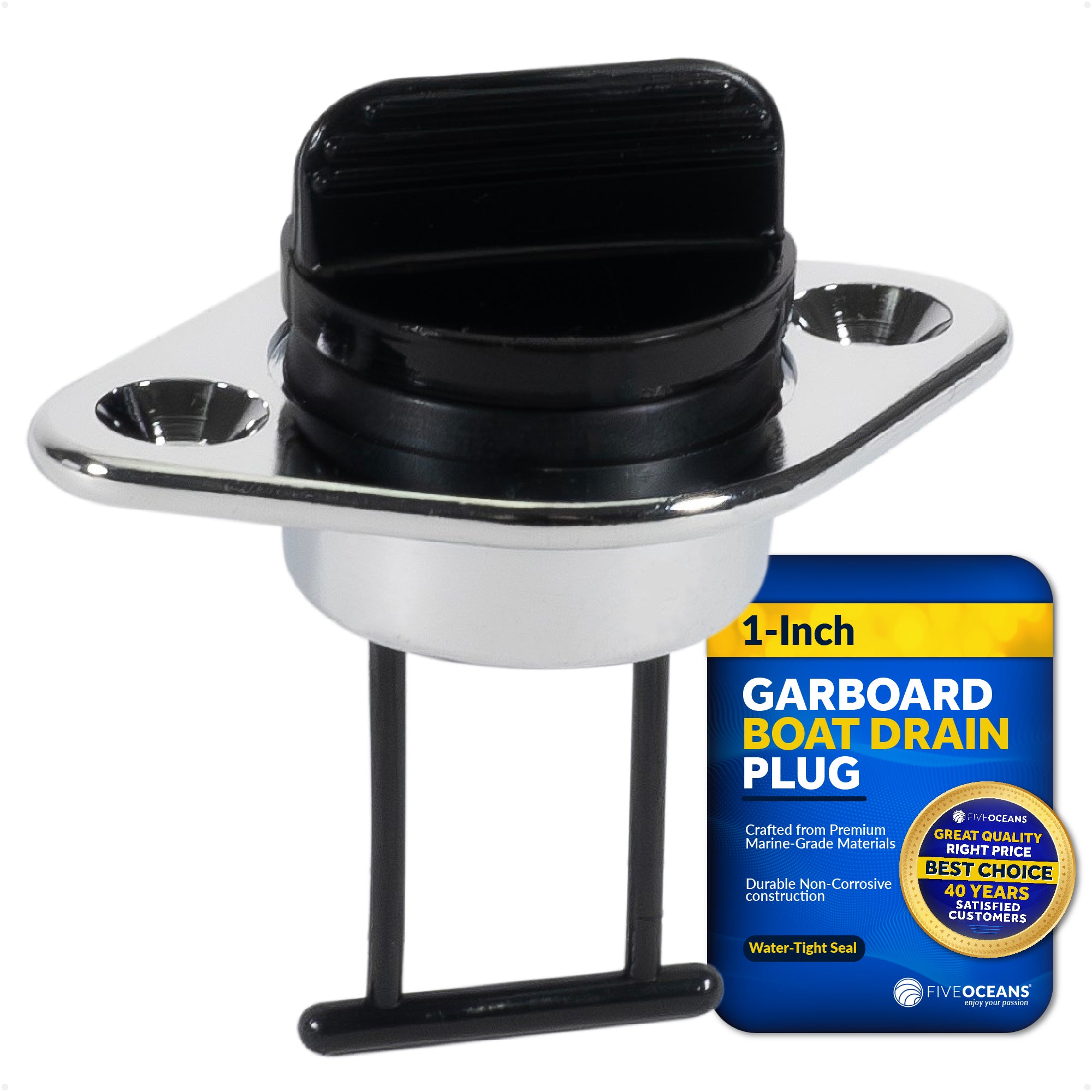Garboard Boat Drain Plug For 1" Transom Hole, Chrome Plated Brass & Black Nylon - FO1570 - Five Oceans