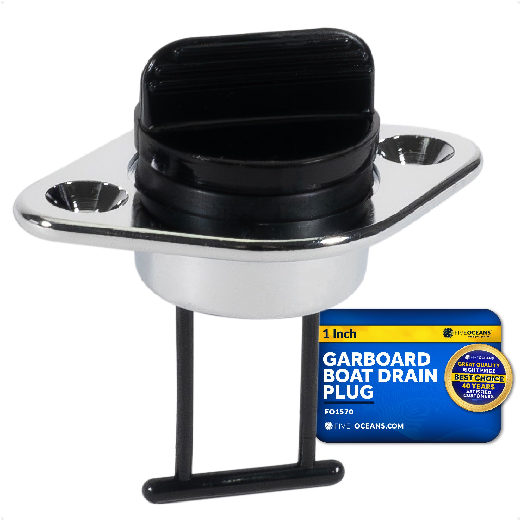 Garboard Boat Drain Plug For 1" Transom Hole, Chrome Plated Brass & Black Nylon - FO1570