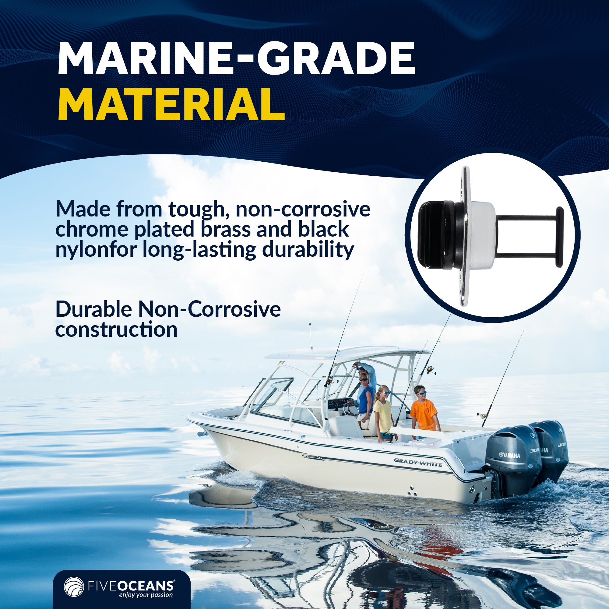 Garboard Boat Drain Plug For 1" Transom Hole, Chrome Plated Brass & Black Nylon - FO1570 - Five Oceans