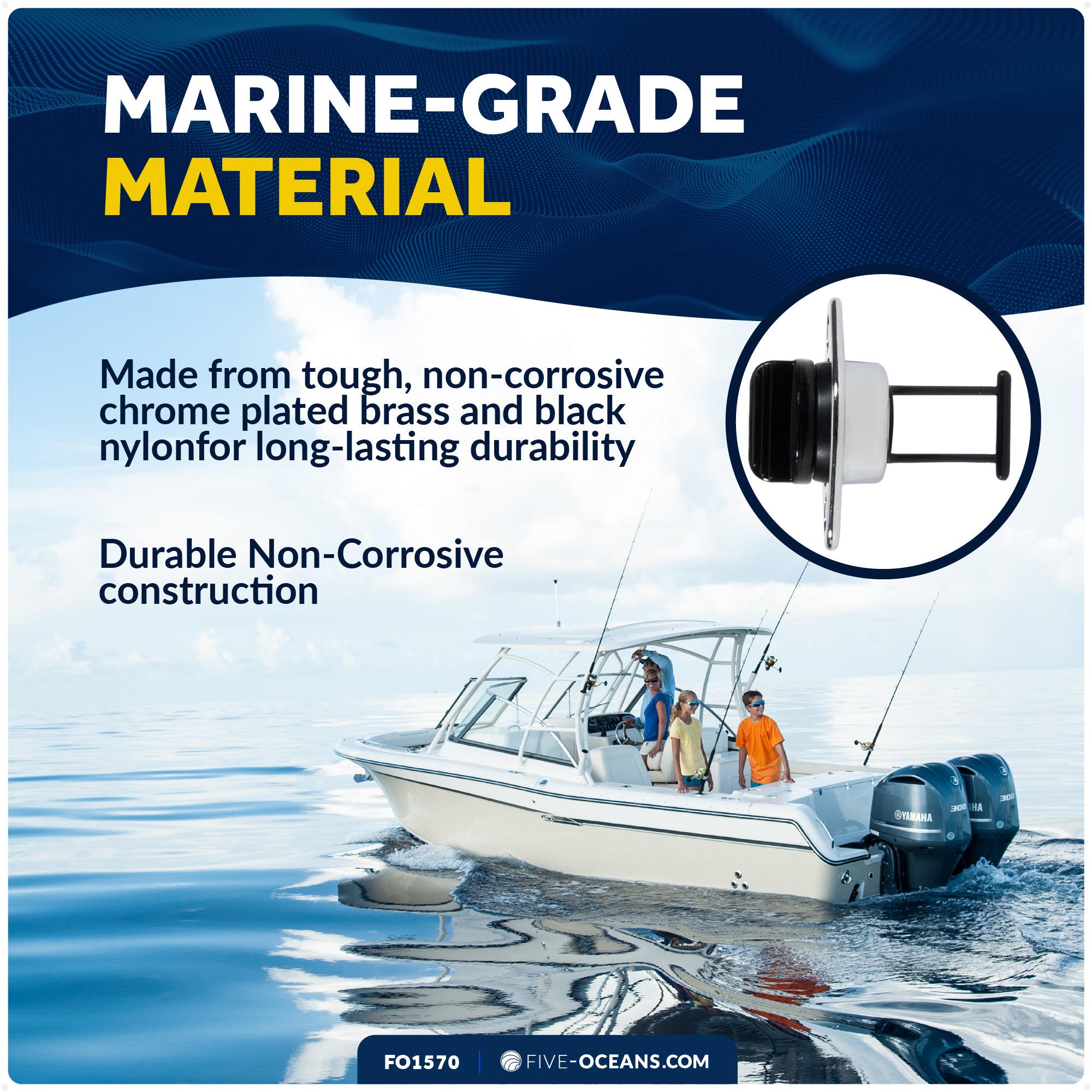 Garboard Drain Plug for 1" Transom Hole, Chrome Plated Brass/Black Nylon - FO1570 - Five Oceans