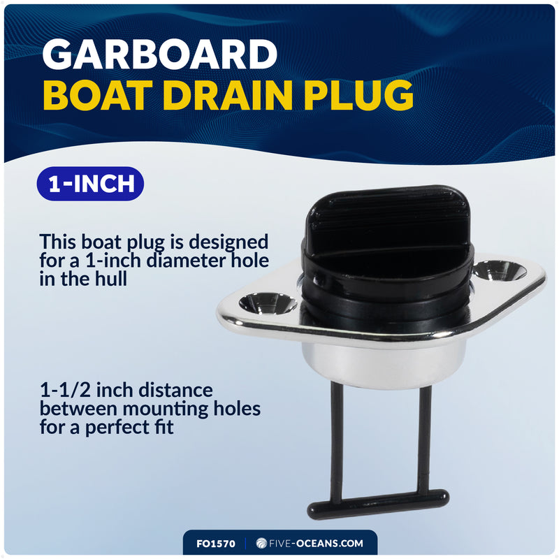 Garboard Drain Plug for 1" Transom Hole, Chrome Plated Brass/Black Nylon - FO1570 - Five Oceans