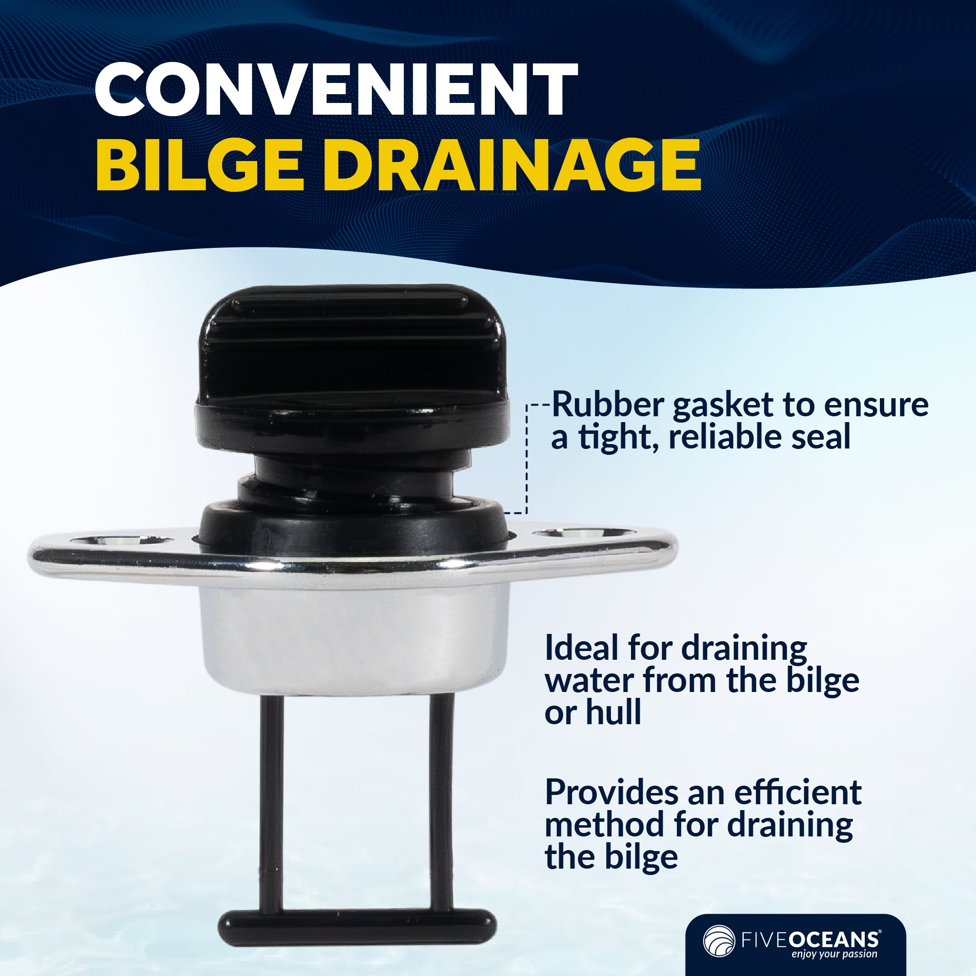 Garboard Boat Drain Plug For 1" Transom Hole, Chrome Plated Brass & Black Nylon - FO1570 - Five Oceans