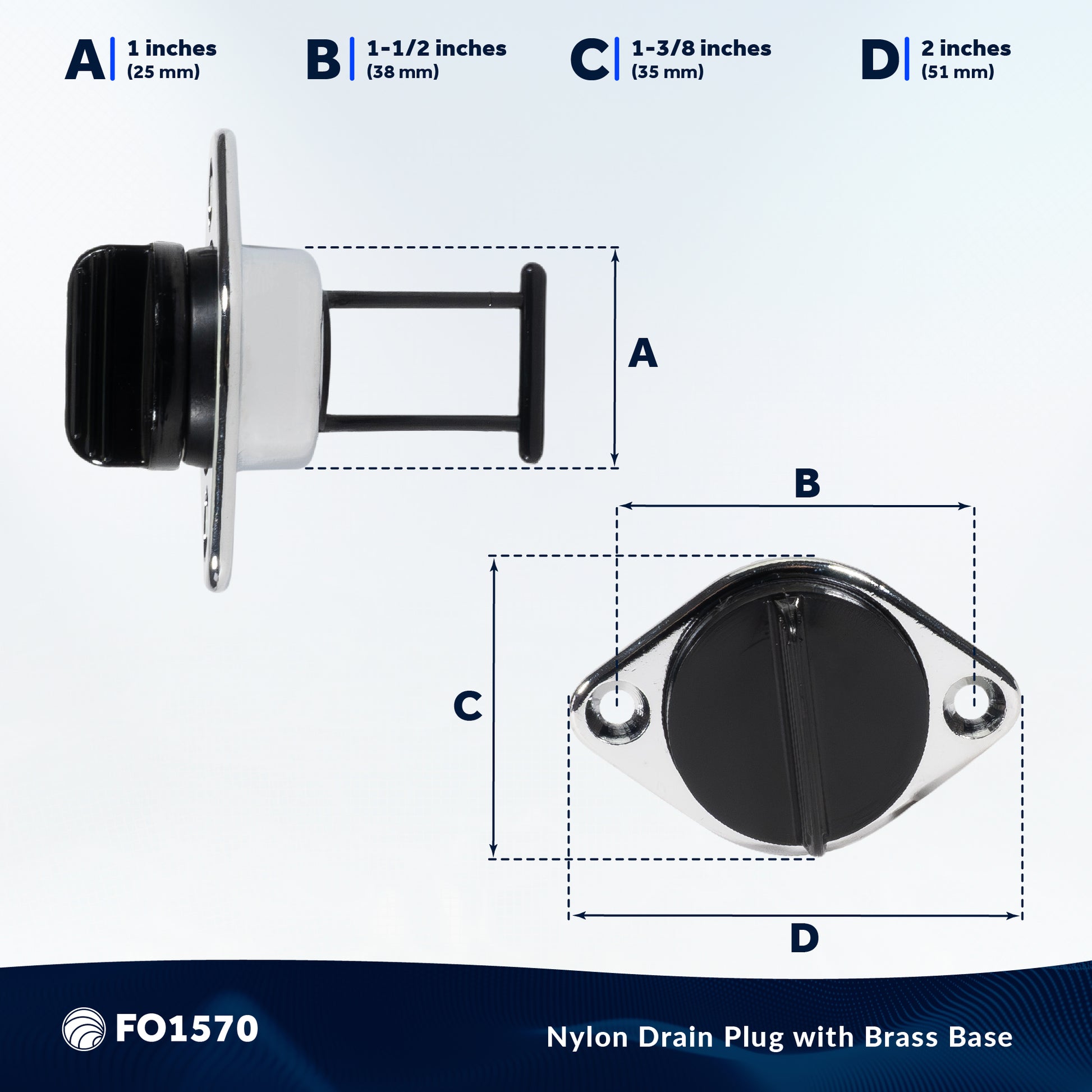 Garboard Boat Drain Plug For 1" Transom Hole, Chrome Plated Brass & Black Nylon - FO1570 - Five Oceans
