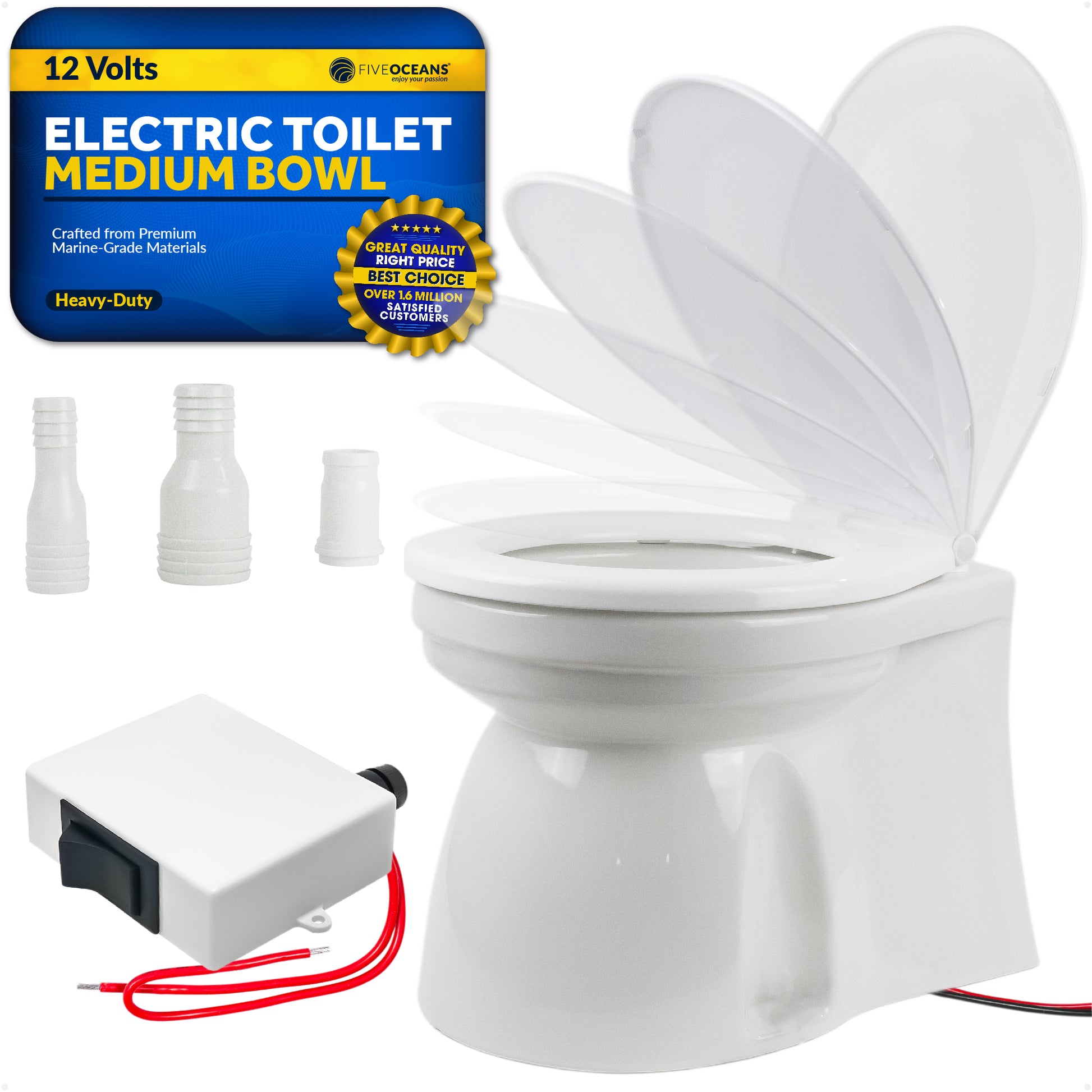 TMC Electric Toilet, Medium Bowl, Built-In Macerator Pump, 12V DC - FO1599 - Five Oceans