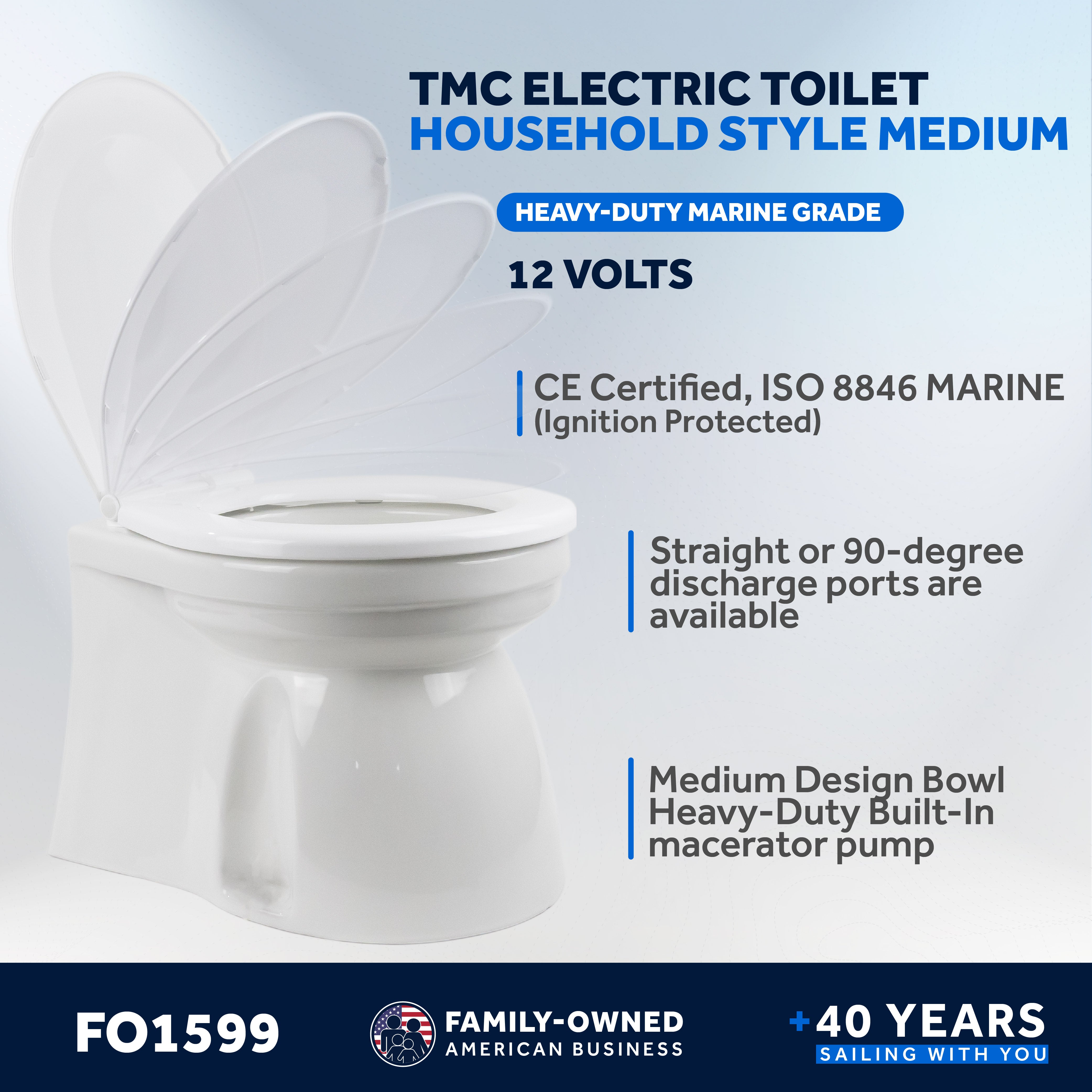TMC Electric Toilet, Medium Bowl, Built-In Macerator Pump, 12V DC - FO1599