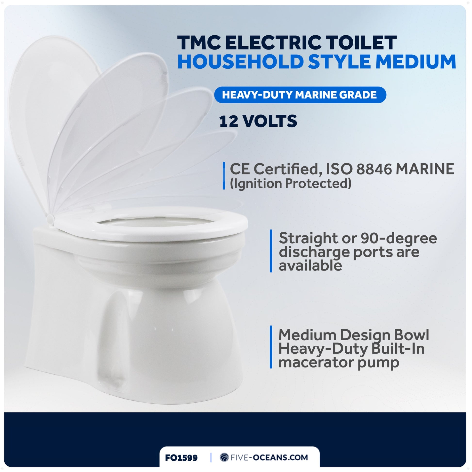 TMC Electric Toilet, Medium Bowl, Built-In Macerator Pump, 12V DC - FO1599 - Five Oceans
