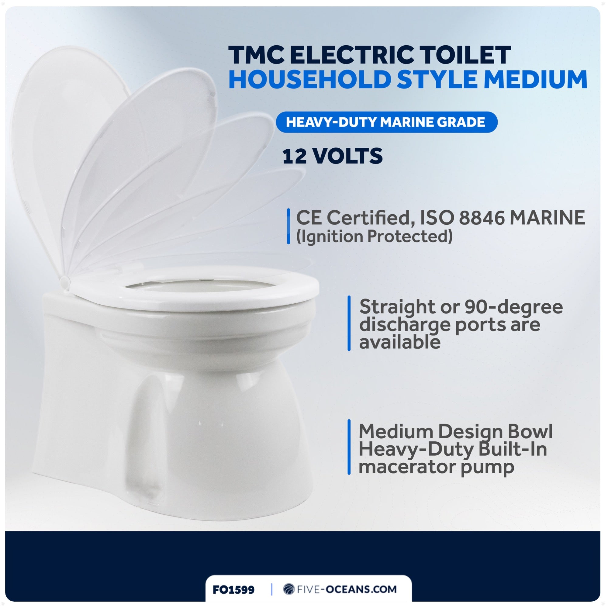TMC Electric Toilet, Medium Bowl, Built-In Macerator Pump, 12V DC - FO1599 - Five Oceans