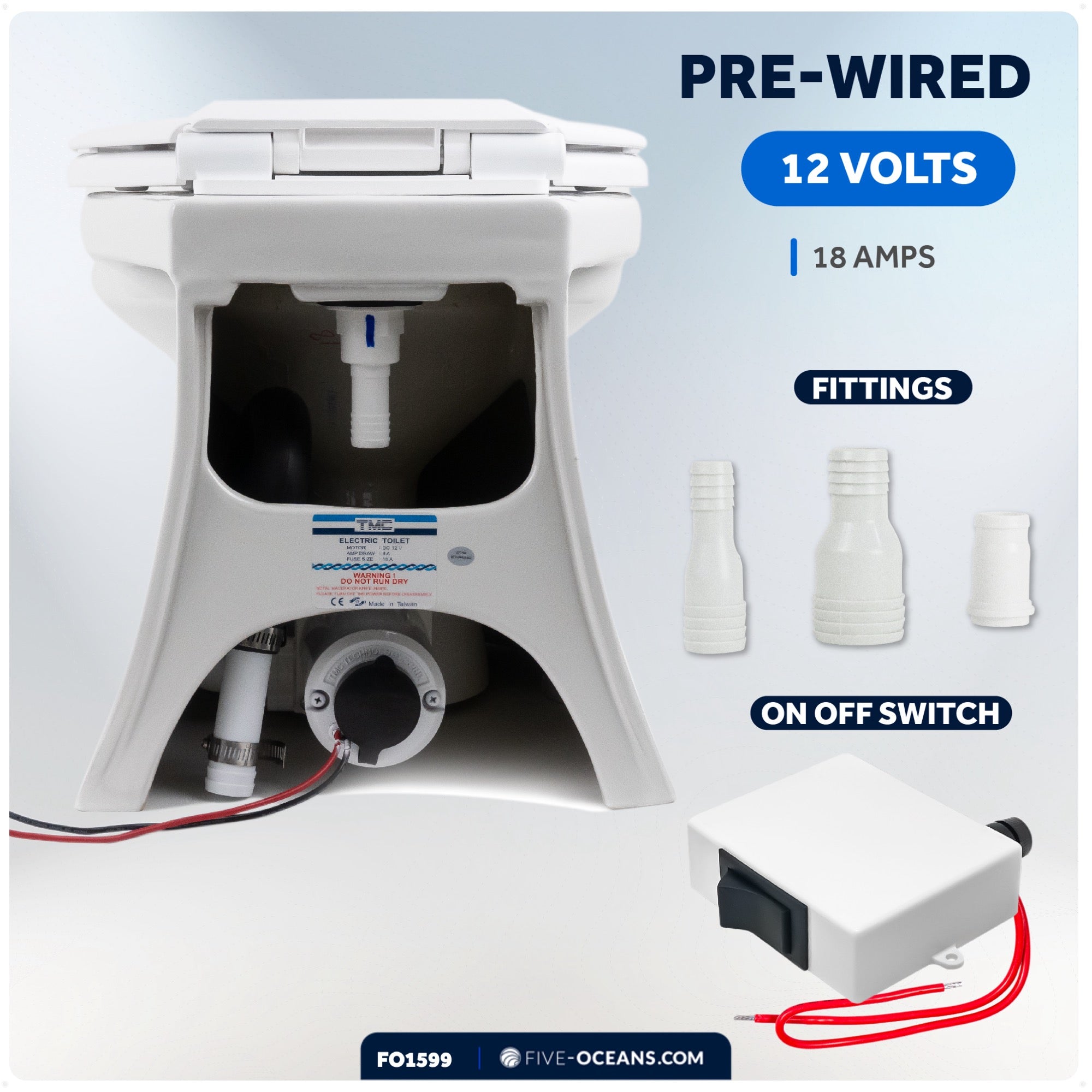 TMC Electric Toilet, Medium Bowl, Built-In Macerator Pump, 12V DC - FO1599 - Five Oceans