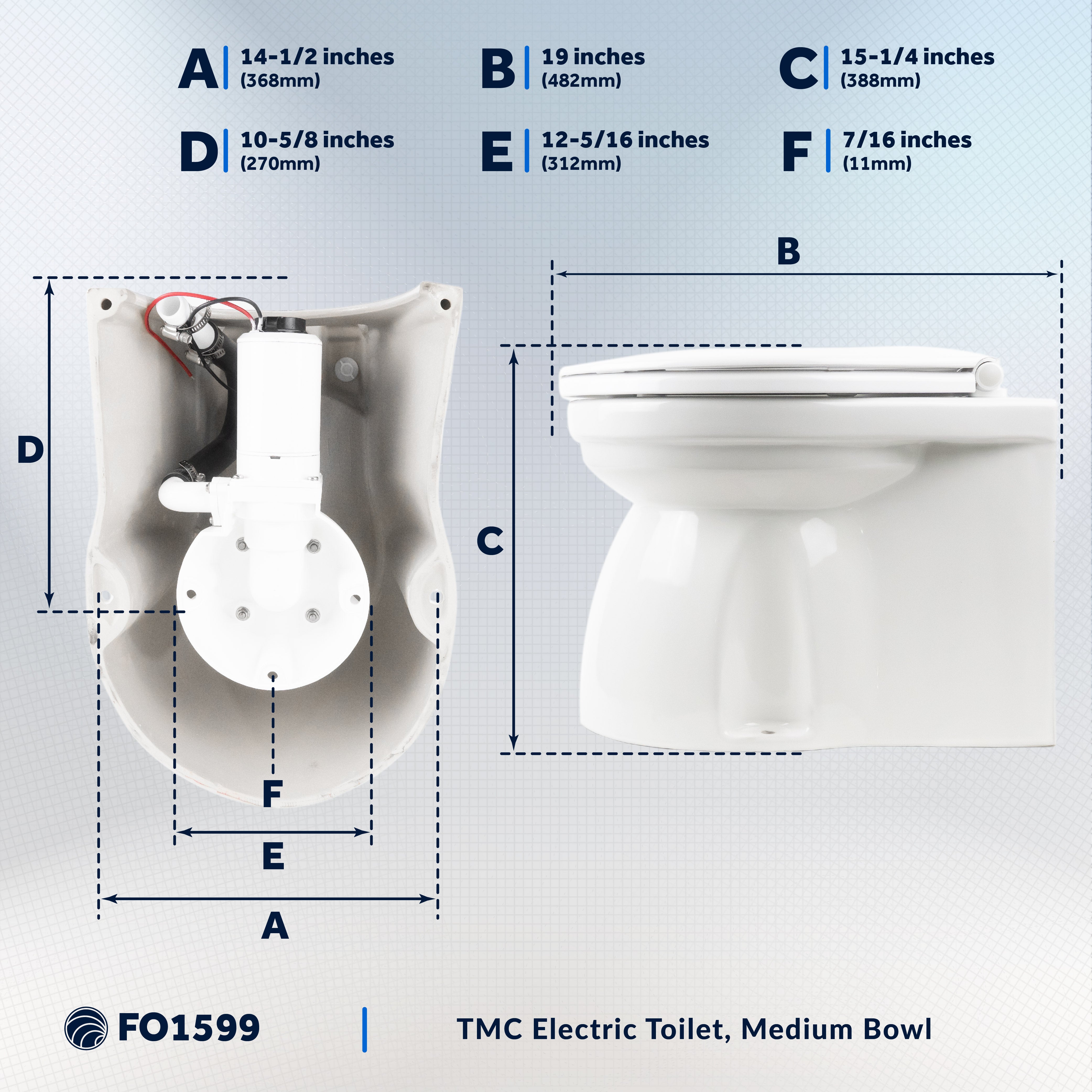 TMC Electric Toilet, Medium Bowl, Built-In Macerator Pump, 12V DC - FO1599 - Five Oceans