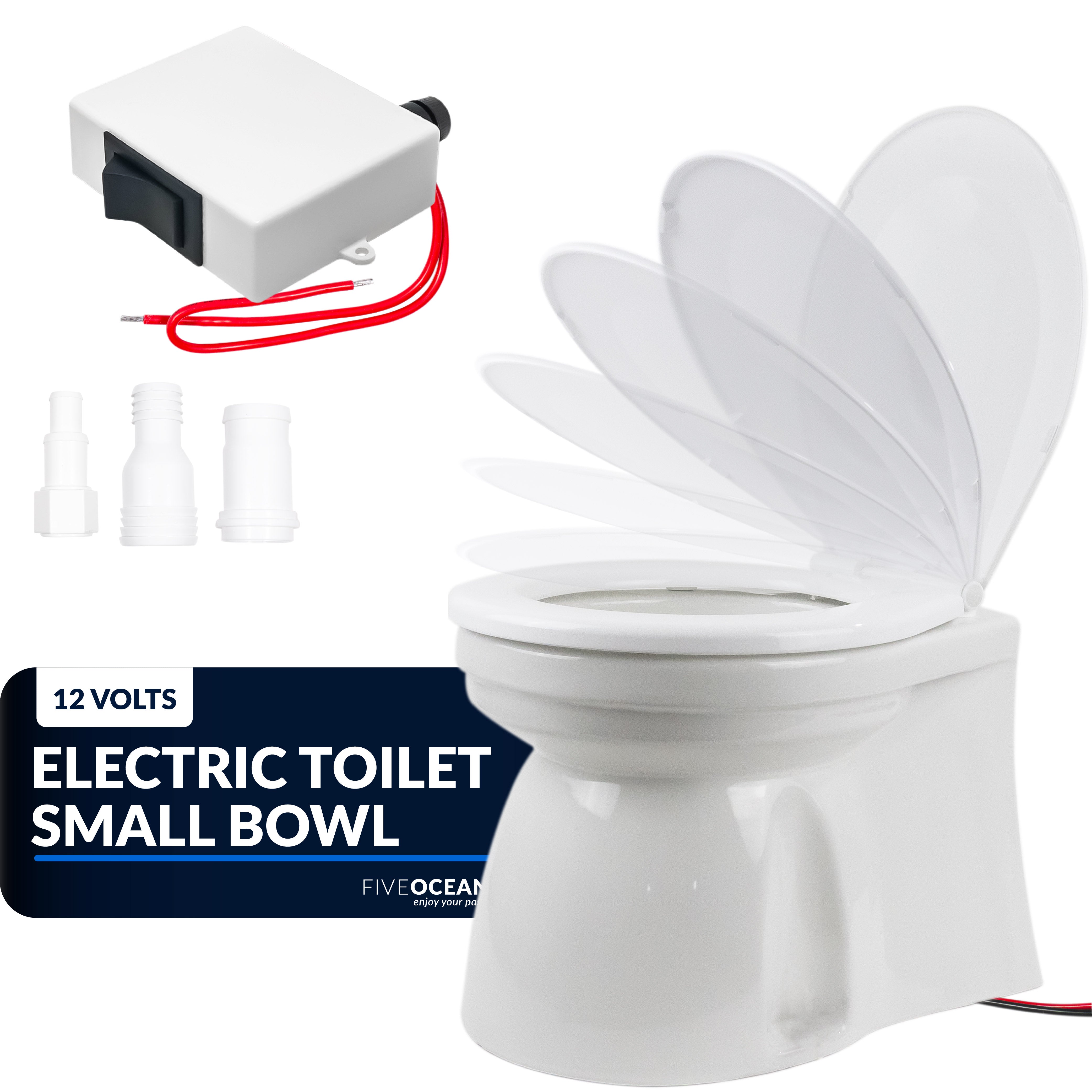 TMC Electric Marine Toilet, RV Toilet with Clamp-On Hose Connection Boat Toilet, Compact Design Bowl, Household Style Heavy-Duty Macerator Pump, On-Off Flush Control, Quiet Soft-Close Lid 12V - FO1600
