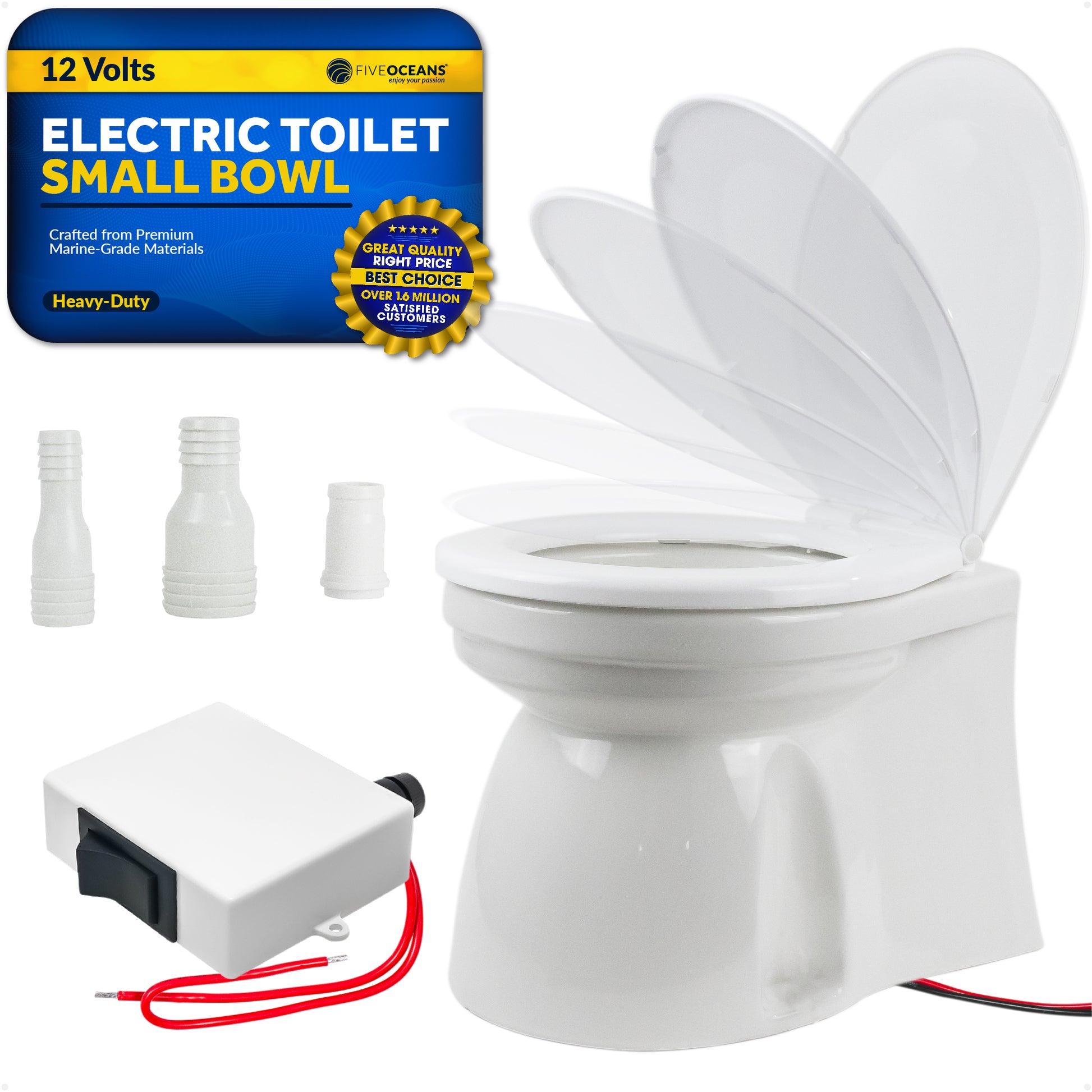 TMC Electric Marine Toilet, RV Toilet with Clamp-On Hose Connection Boat Toilet, Compact Design Bowl, Household Style Heavy-Duty Macerator Pump, On-Off Flush Control, Quiet Soft-Close Lid 12V - FO1600 - Five Oceans