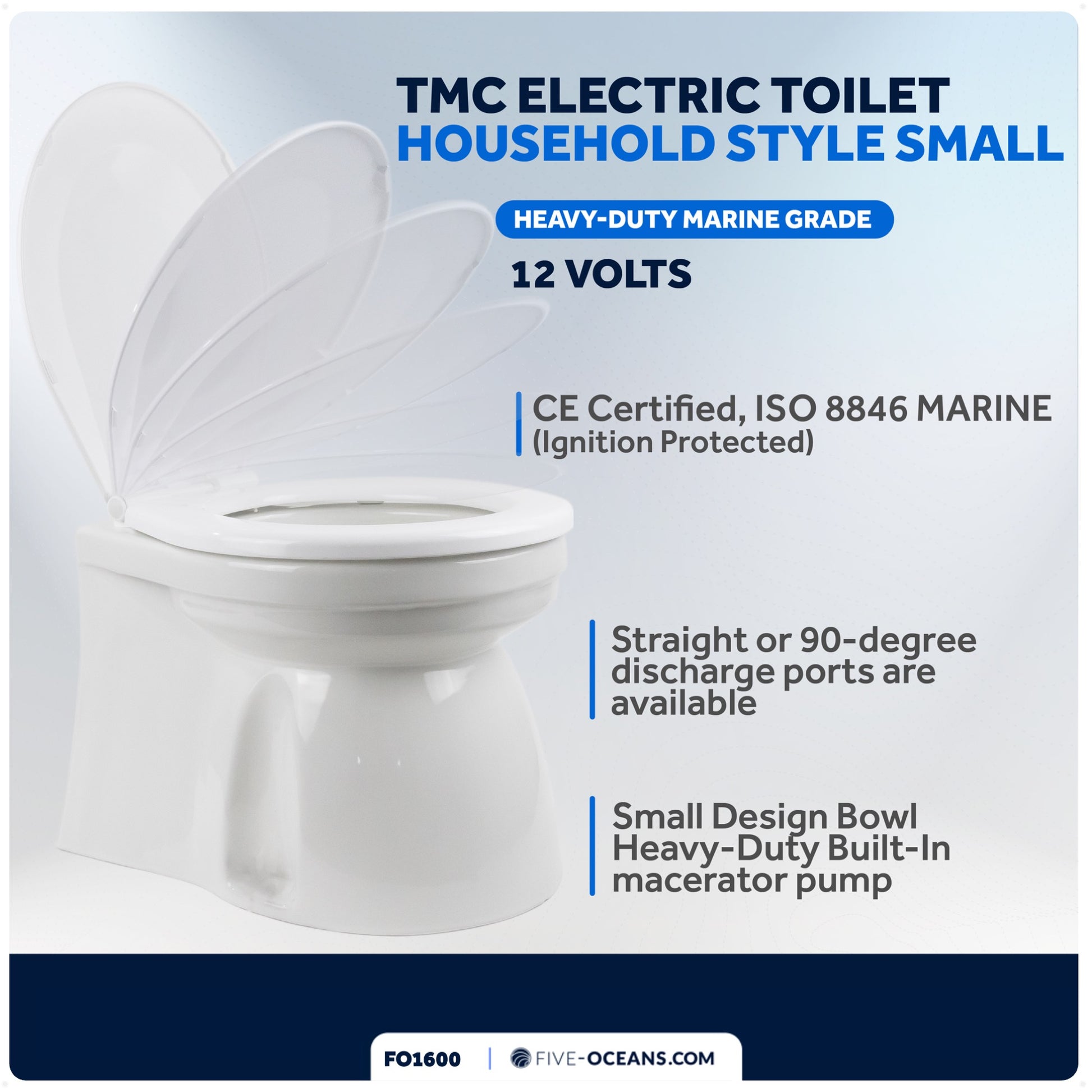 TMC Electric Marine Toilet, RV Toilet with Clamp-On Hose Connection Boat Toilet, Compact Design Bowl, Household Style Heavy-Duty Macerator Pump, On-Off Flush Control, Quiet Soft-Close Lid 12V - FO1600 - Five Oceans