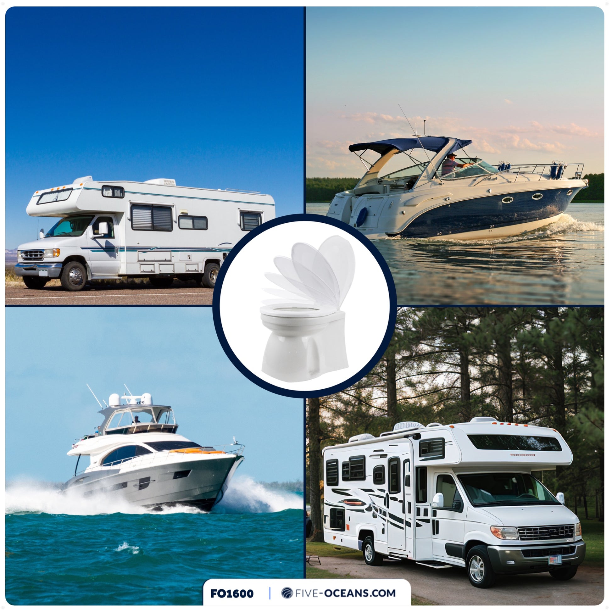 TMC Electric Marine Toilet, RV Toilet with Clamp-On Hose Connection Boat Toilet, Compact Design Bowl, Household Style Heavy-Duty Macerator Pump, On-Off Flush Control, Quiet Soft-Close Lid 12V - FO1600 - Five Oceans