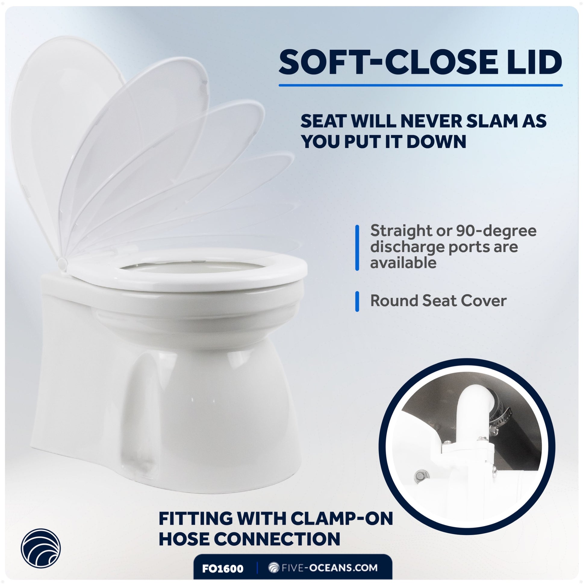 TMC Electric Marine Toilet, RV Toilet with Clamp-On Hose Connection Boat Toilet, Compact Design Bowl, Household Style Heavy-Duty Macerator Pump, On-Off Flush Control, Quiet Soft-Close Lid 12V - FO1600 - Five Oceans
