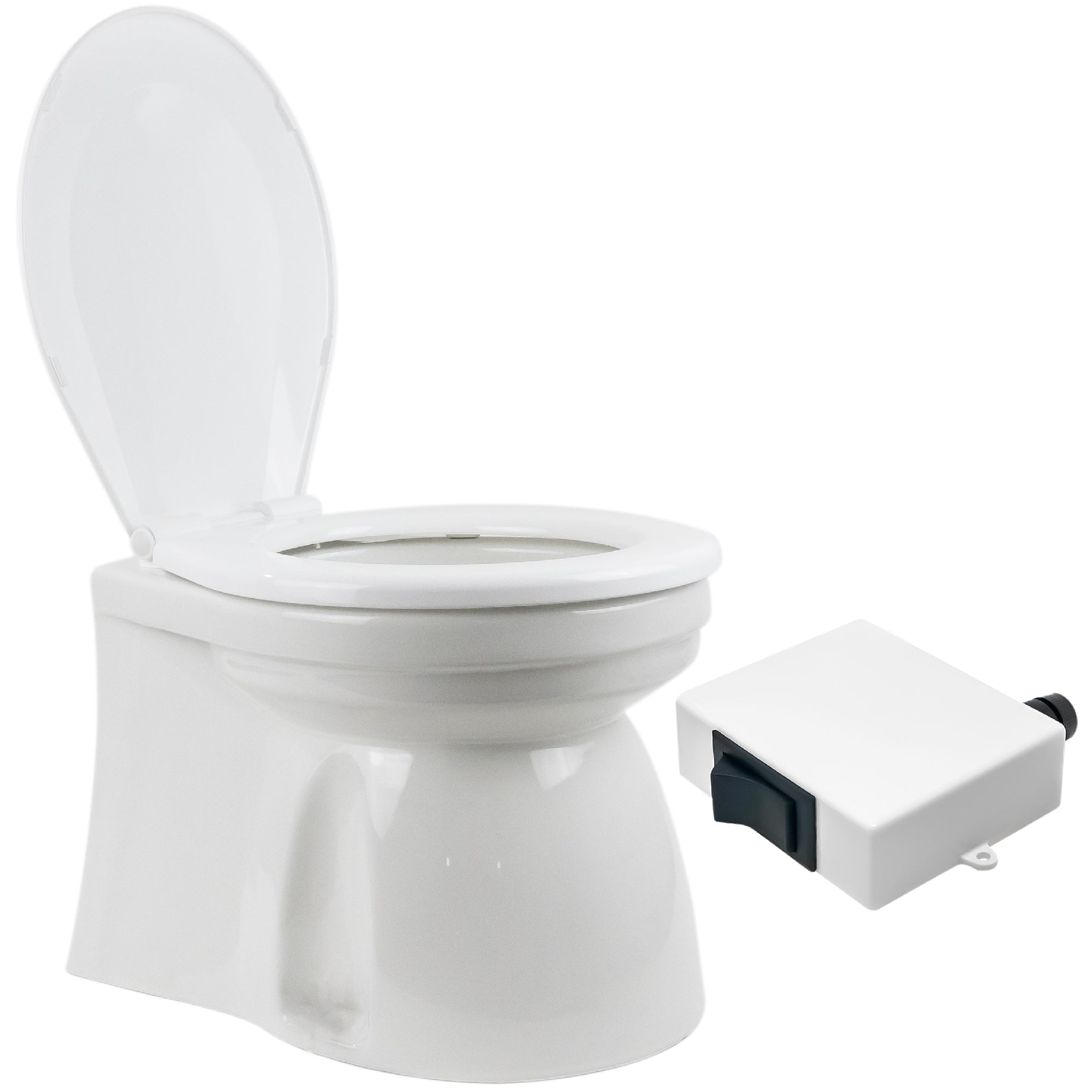TMC Electric Marine Toilet, RV Toilet with Clamp-On Hose Connection Boat Toilet, Compact Design Bowl, Household Style Heavy-Duty Macerator Pump, On-Off Flush Control, Quiet Soft-Close Lid 12V - FO1600