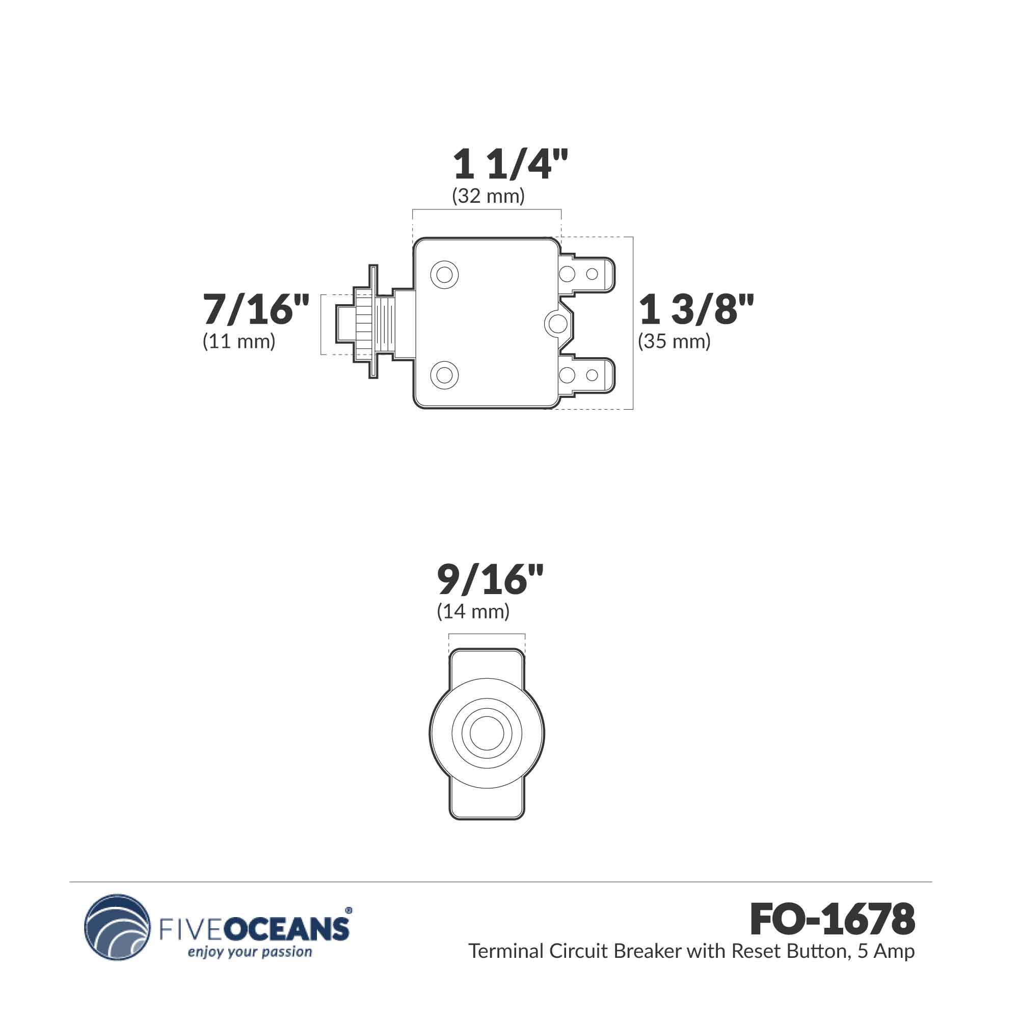 5 Amp Push-Button Reset Circuit Breaker 125-250V AC / 50V DC, 2-Pack - FO1678-M2
