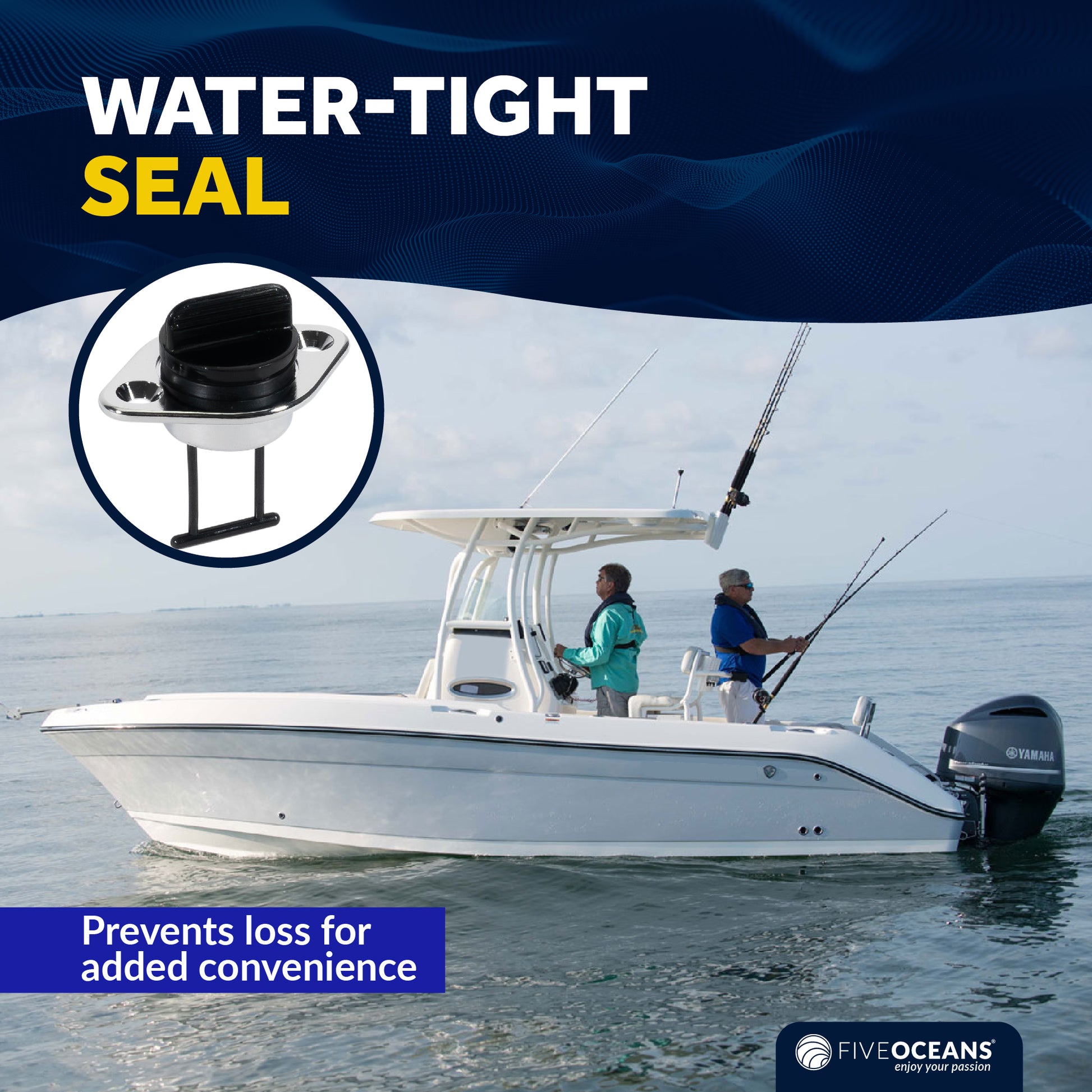 Garboard Boat Drain Plug For 1-1/4" Transom Hole, Chrome Plated Brass & Black Nylon - FO1682 - Five Oceans