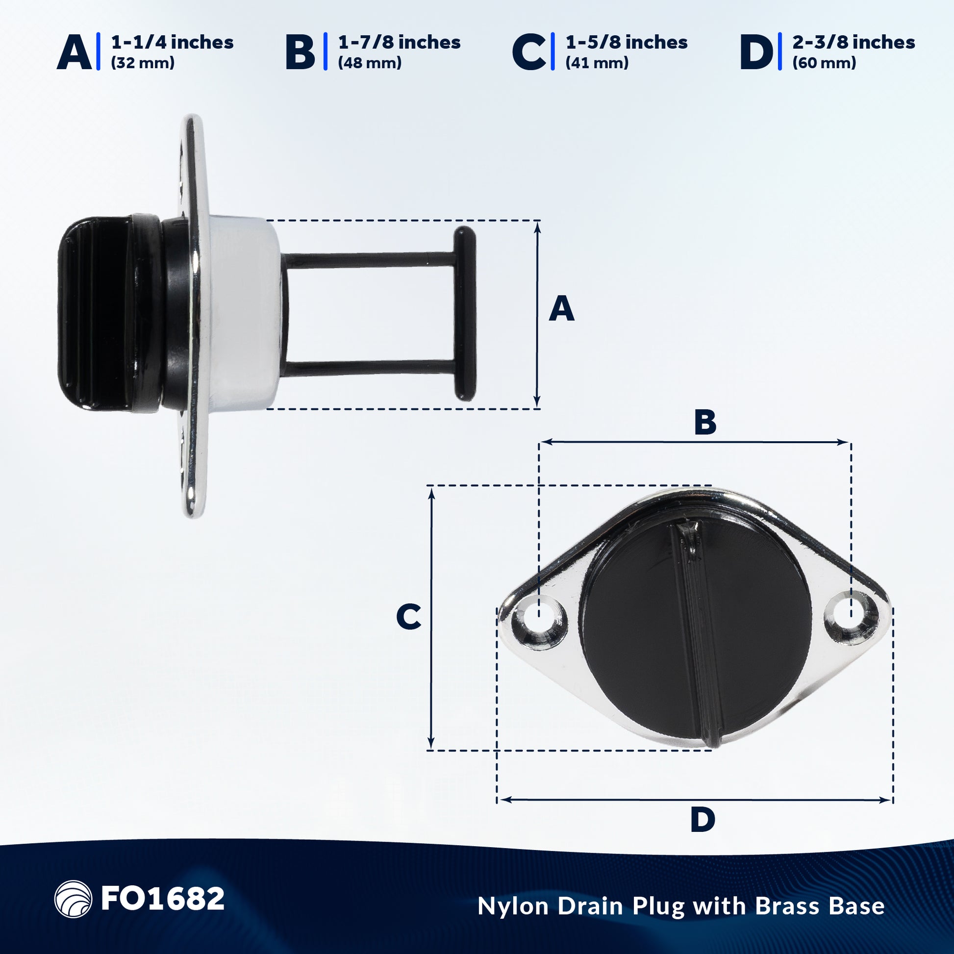 Garboard Boat Drain Plug For 1-1/4" Transom Hole, Chrome Plated Brass & Black Nylon - FO1682 - Five Oceans