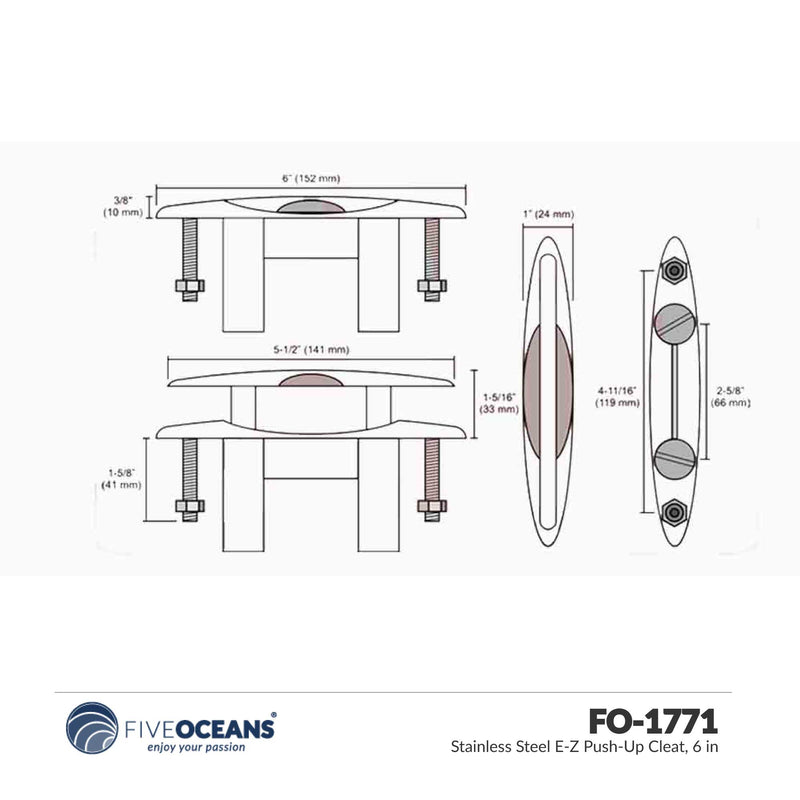 6" E-Z Push-Up Dock Cleat, AISI316 Stainless Steel - FO1771 - Five Oceans