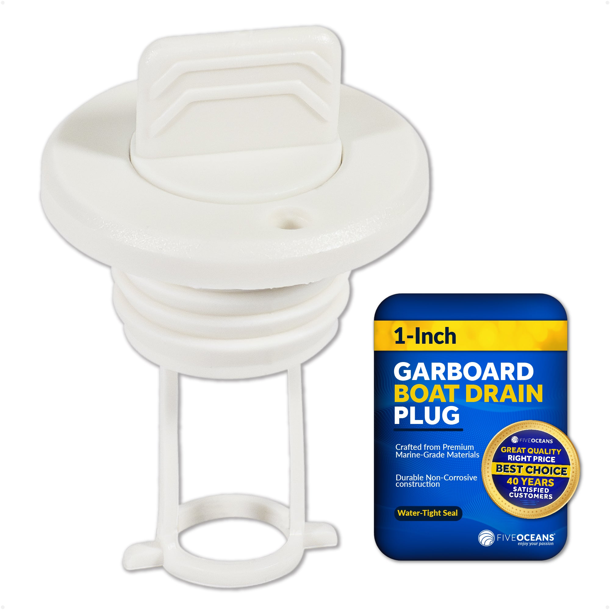 Garboard Boat Drain Plug For 1" Transom Hole, White Nylon - FO1794 - Five Oceans