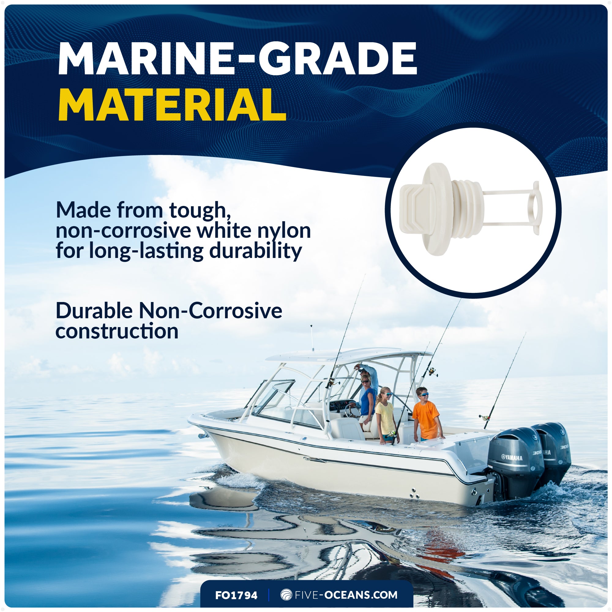 Garboard Drain Plug For 1" Transom Hole, White Nylon - FO1794 - Five Oceans