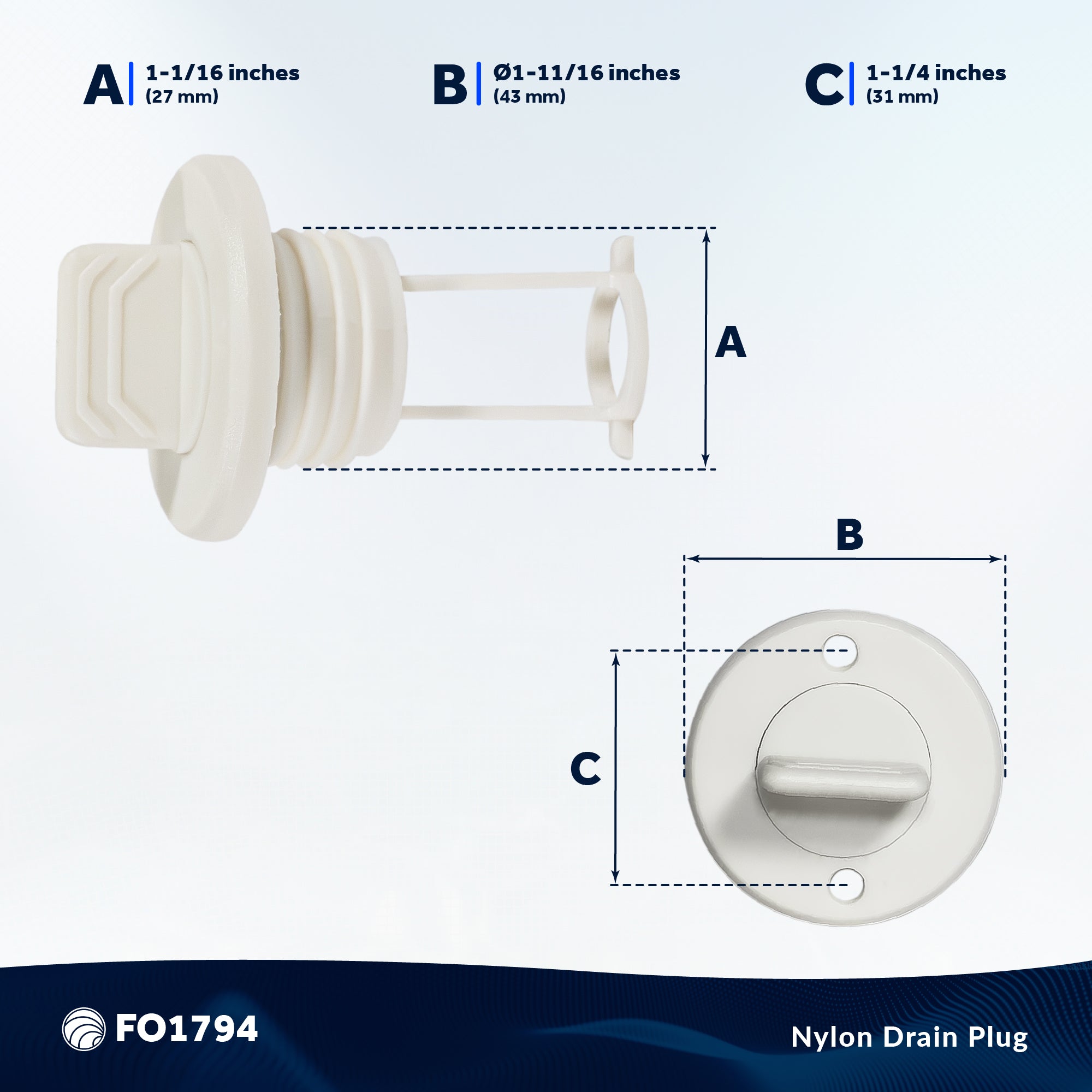 Garboard Boat Drain Plug For 1" Transom Hole, White Nylon - FO1794 - Five Oceans