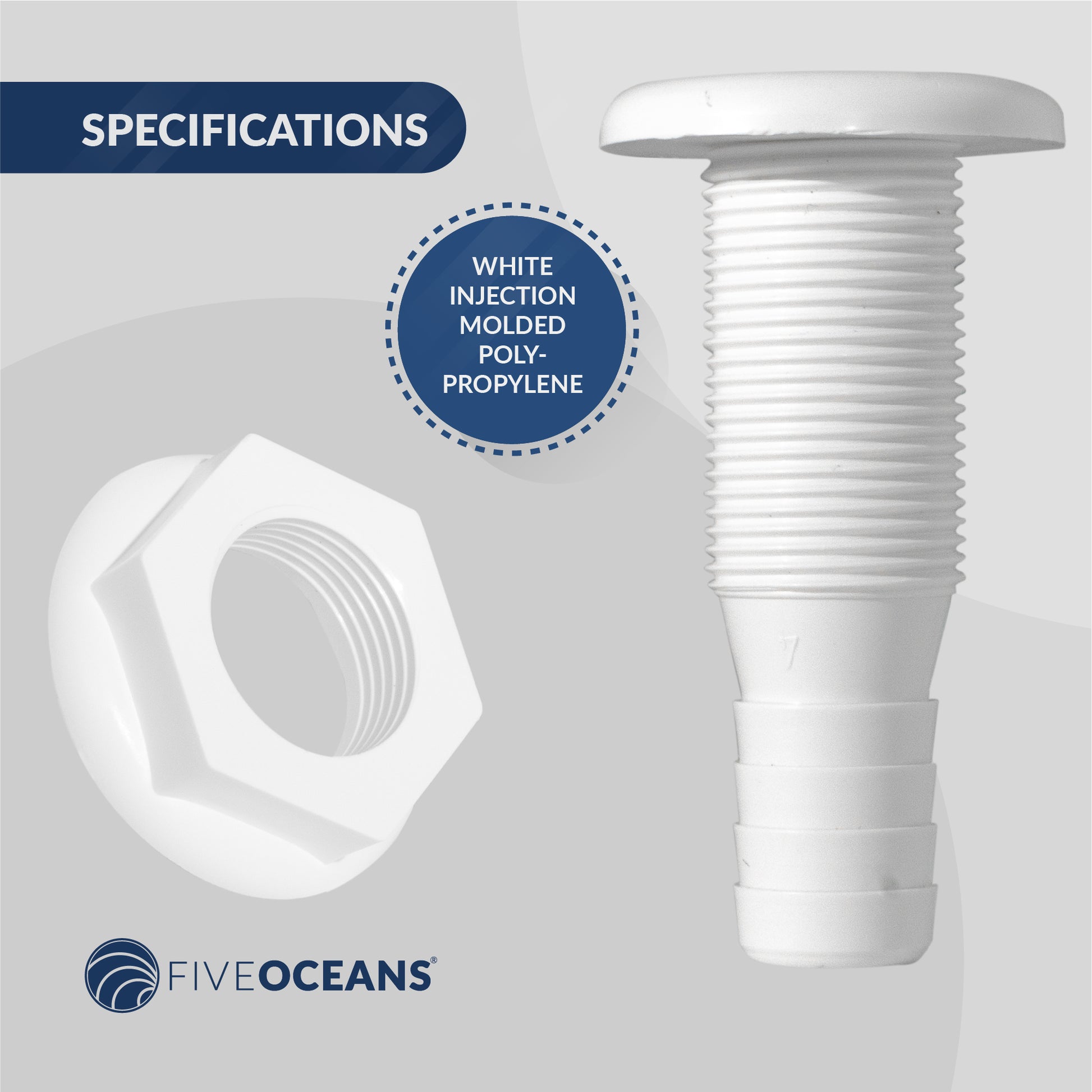 Straight Thru-Hull Fitting Connection, 3/4", White - FO1863 - Five Oceans