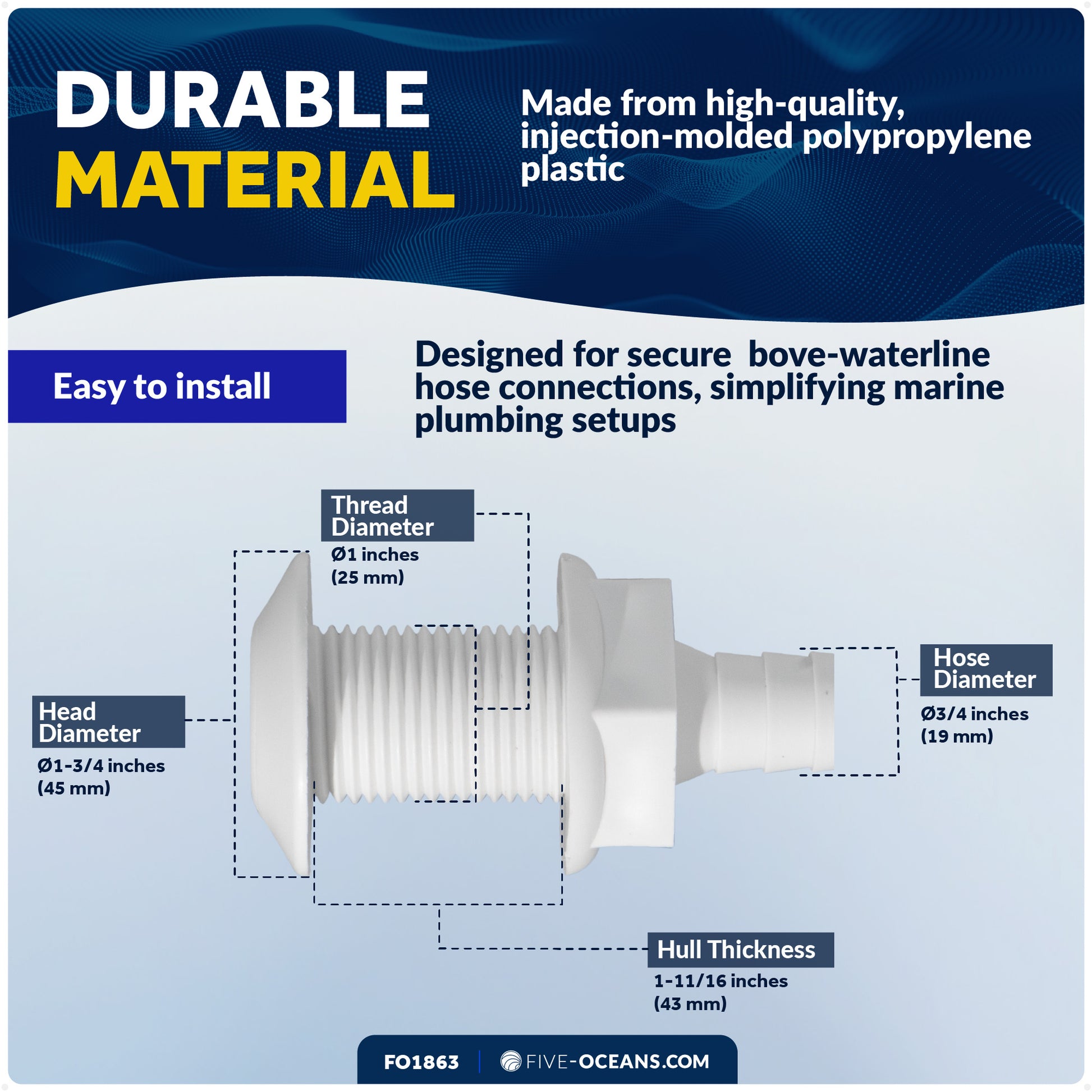 3/4" Thru-Hull Fittings for Boat, White- FO1863 - Five Oceans