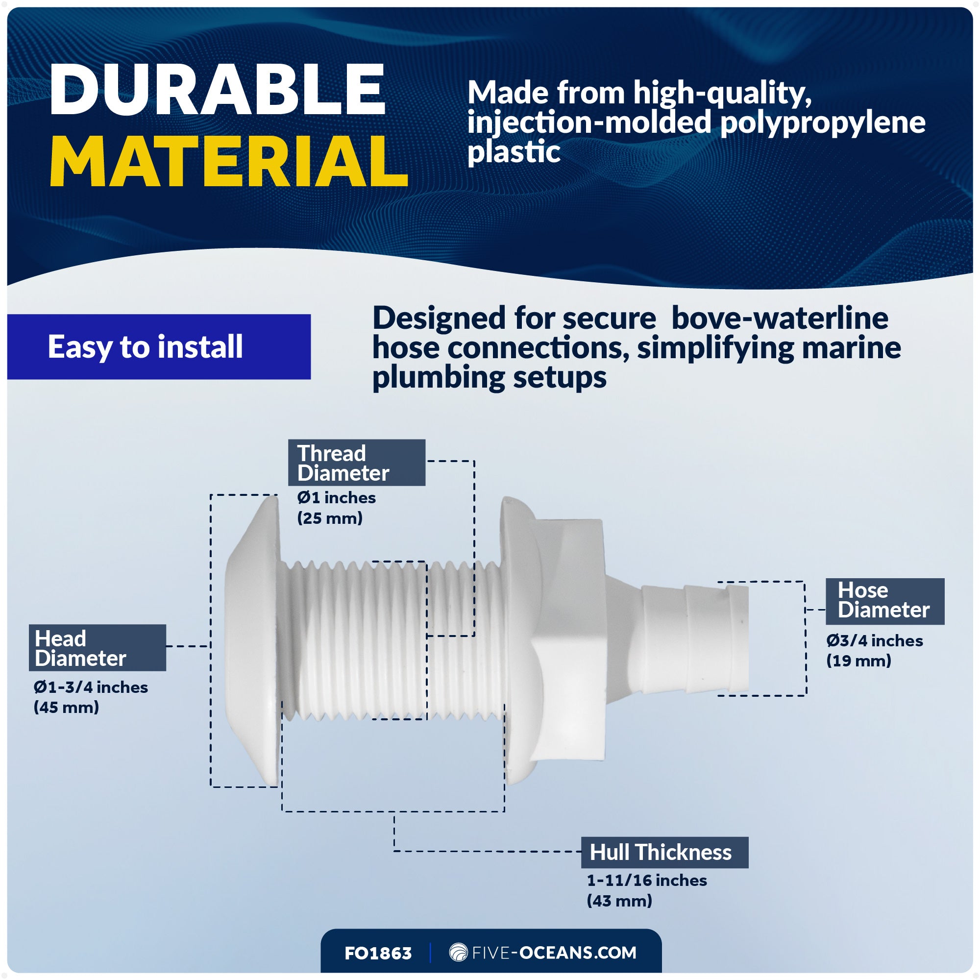 3/4" Thru-Hull Fittings for Boat, White- FO1863 - Five Oceans