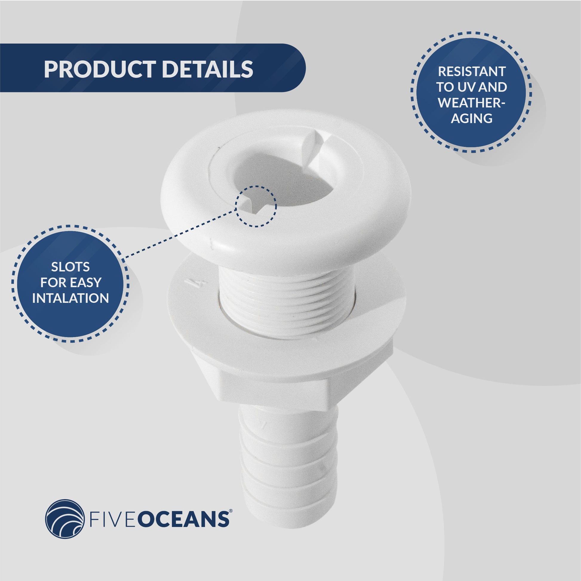 Straight Thru-Hull Fitting Connection, 3/4", White - FO1863 - Five Oceans