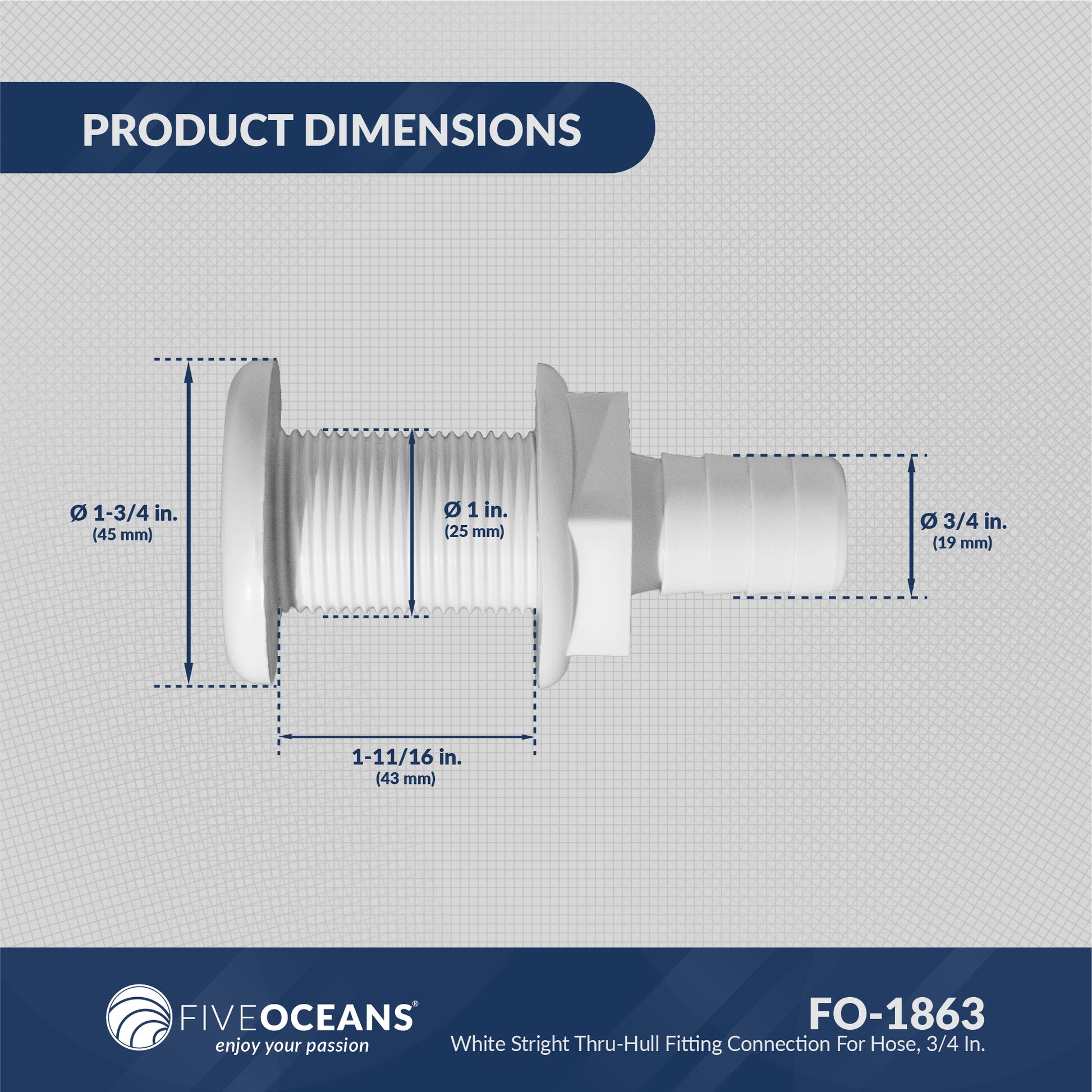 Straight Thru-Hull Fitting Connection, 3/4", White - FO1863 - Five Oceans