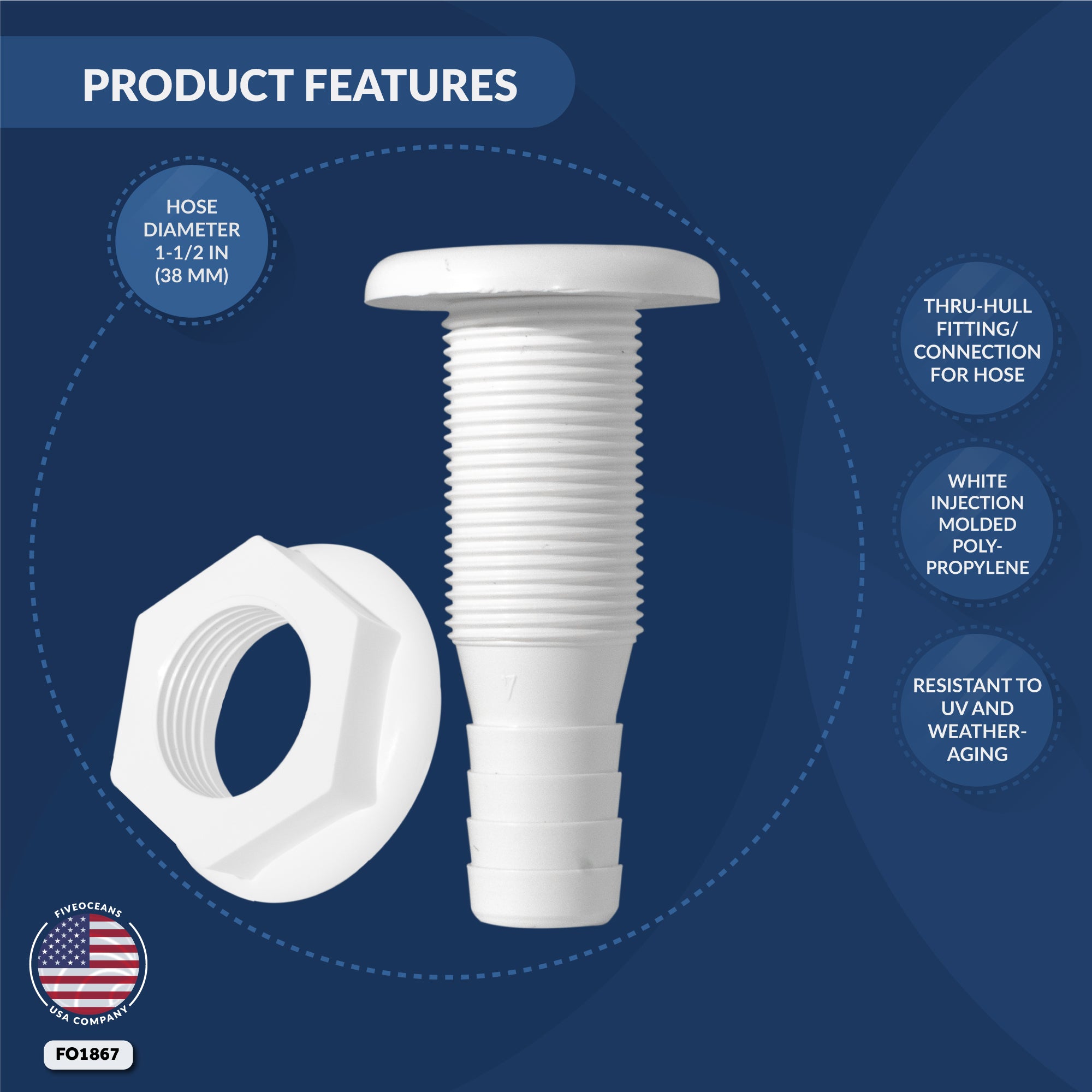 1 1/2" Thru-Hull Fittings for Boat, White - FO1867