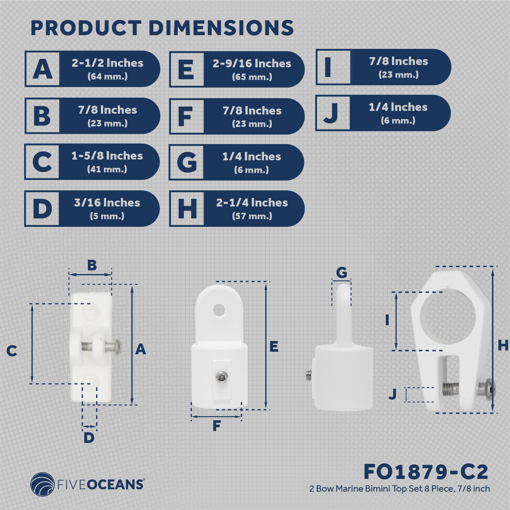 2 Bow Bimini Top Hardware Set 8 Piece, Fitting Fit 7/8", White Nylon - FO1879-C2 - Five Oceans