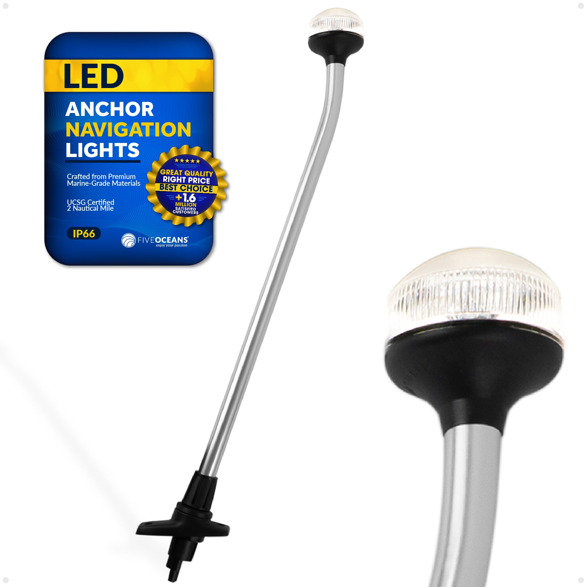 LED Anchor Navigation Lights, Removable Boat Light Pole, USCG 2NM, 24" - FO1883 - Five Oceans