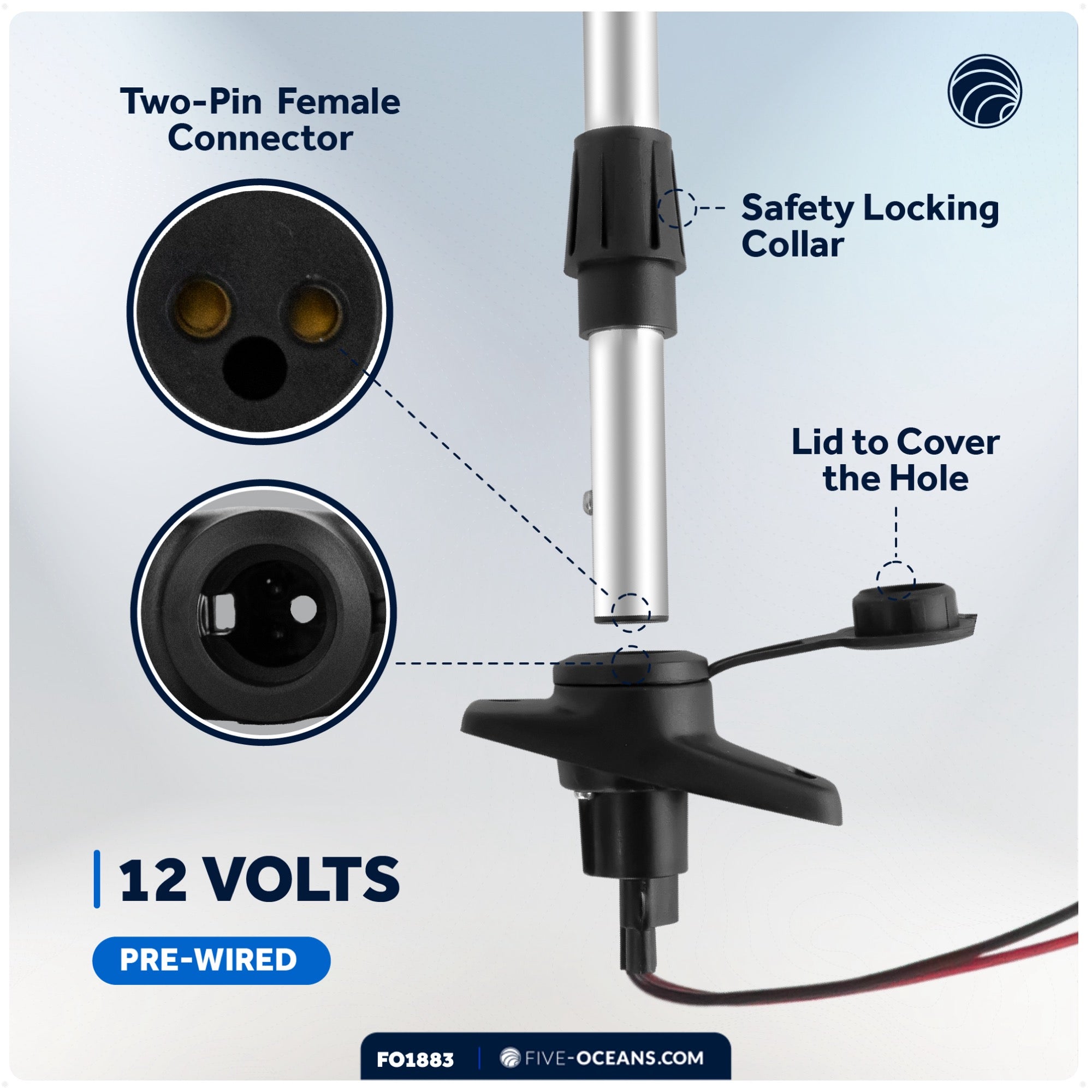 LED Anchor Navigation Lights, Removable Boat Light Pole, USCG 2NM, 24" - FO1883 - Five Oceans