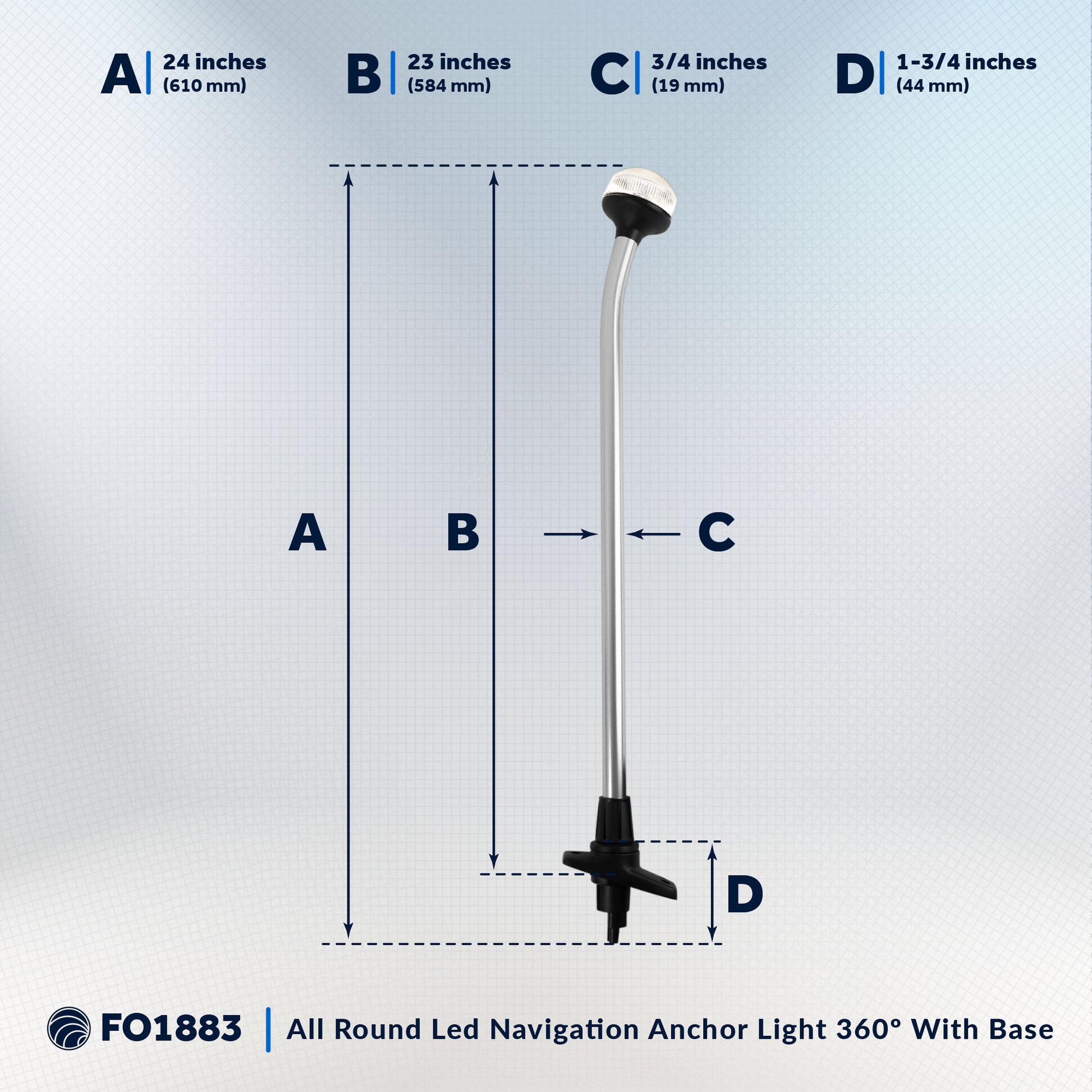 LED Anchor Navigation Lights, Removable Boat Light Pole, USCG 2NM, 24" - FO1883 - Five Oceans