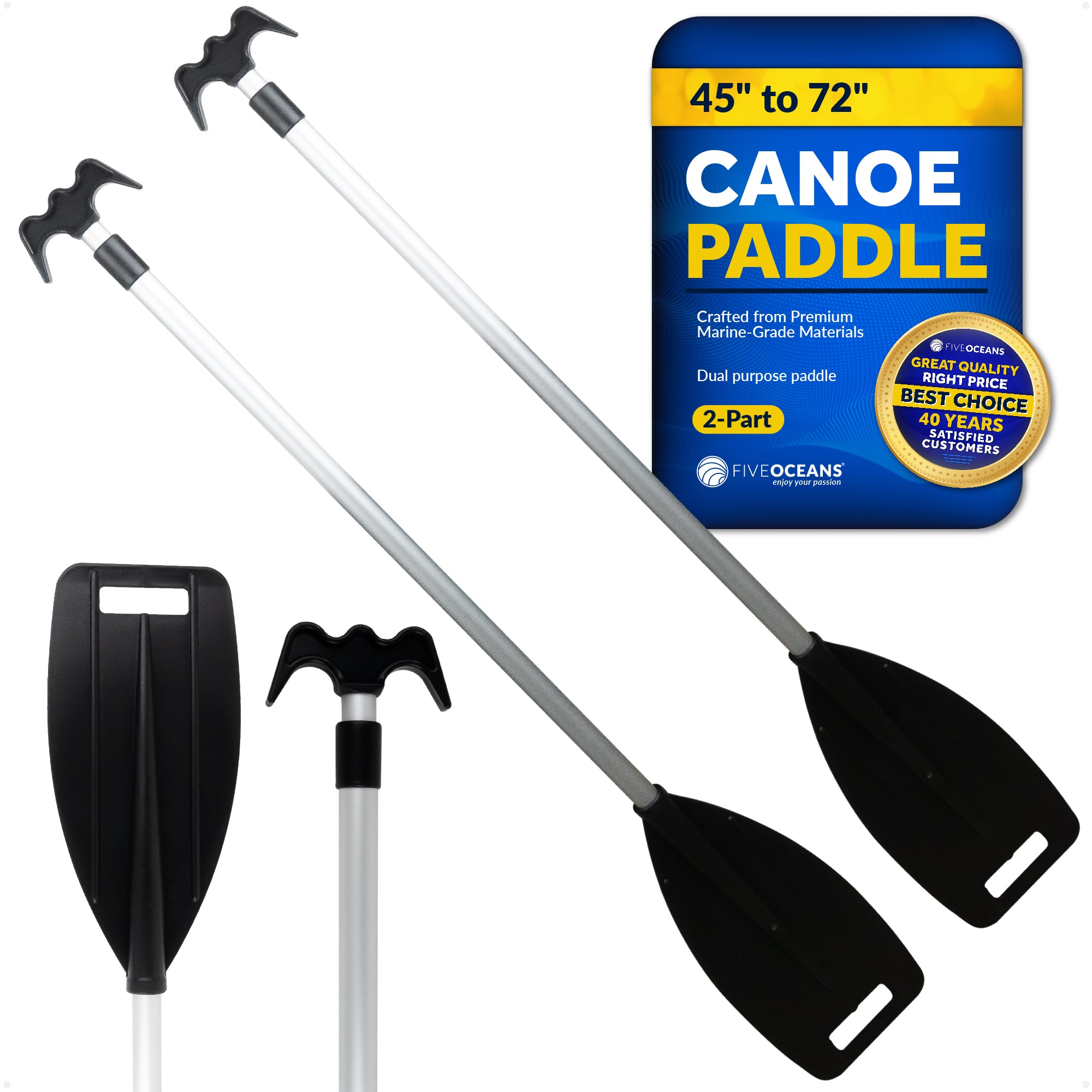 Telescoping Canoe Paddle and Boat Hook, Extend from 45" to 72" - 2-Pack - FO1885-M2 - Five Oceans