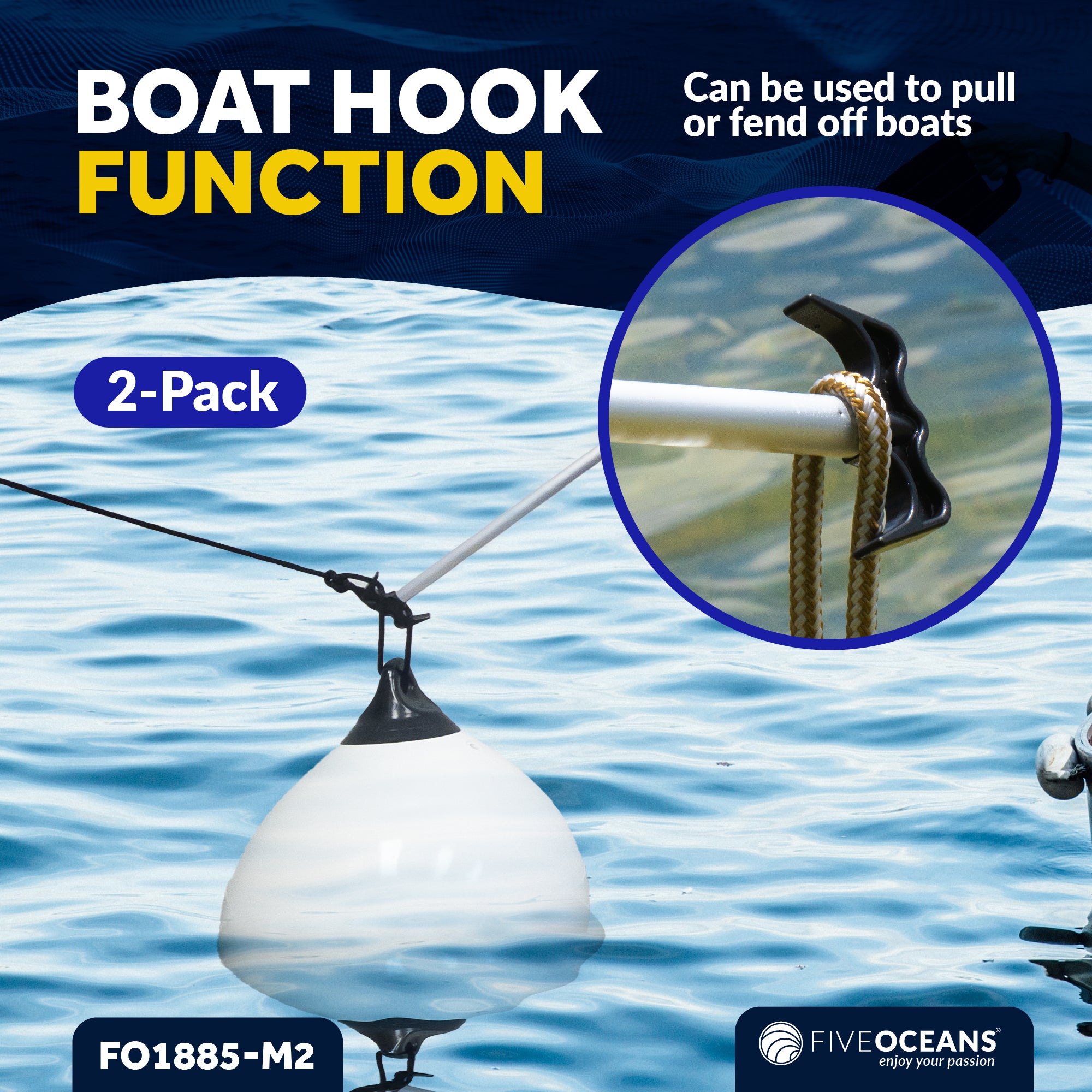 Telescoping Canoe Paddle and Boat Hook, Extend from 45" to 72" - 2-Pack - FO1885-M2 - Five Oceans