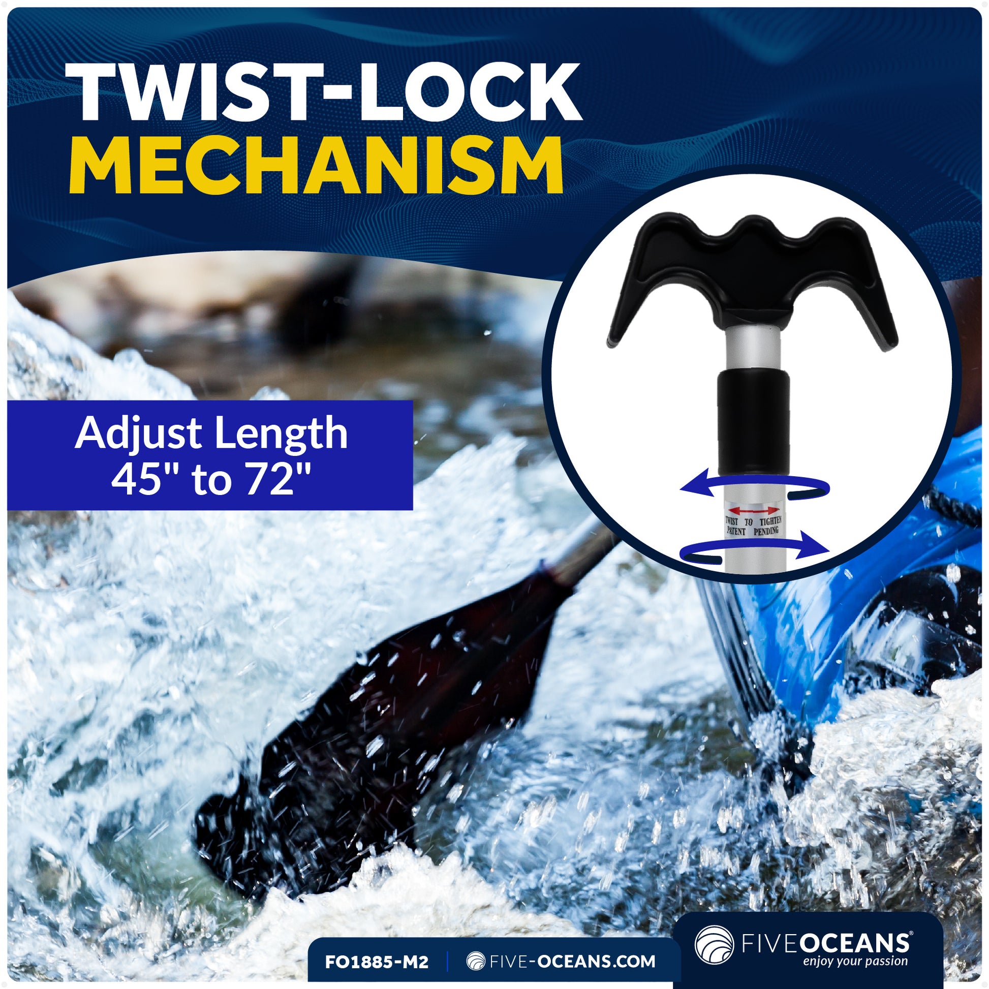 Telescoping Canoe Paddle and Boat Hook, Extend from 45" to 72" - 2-Pack - FO1885-M2 - Five Oceans