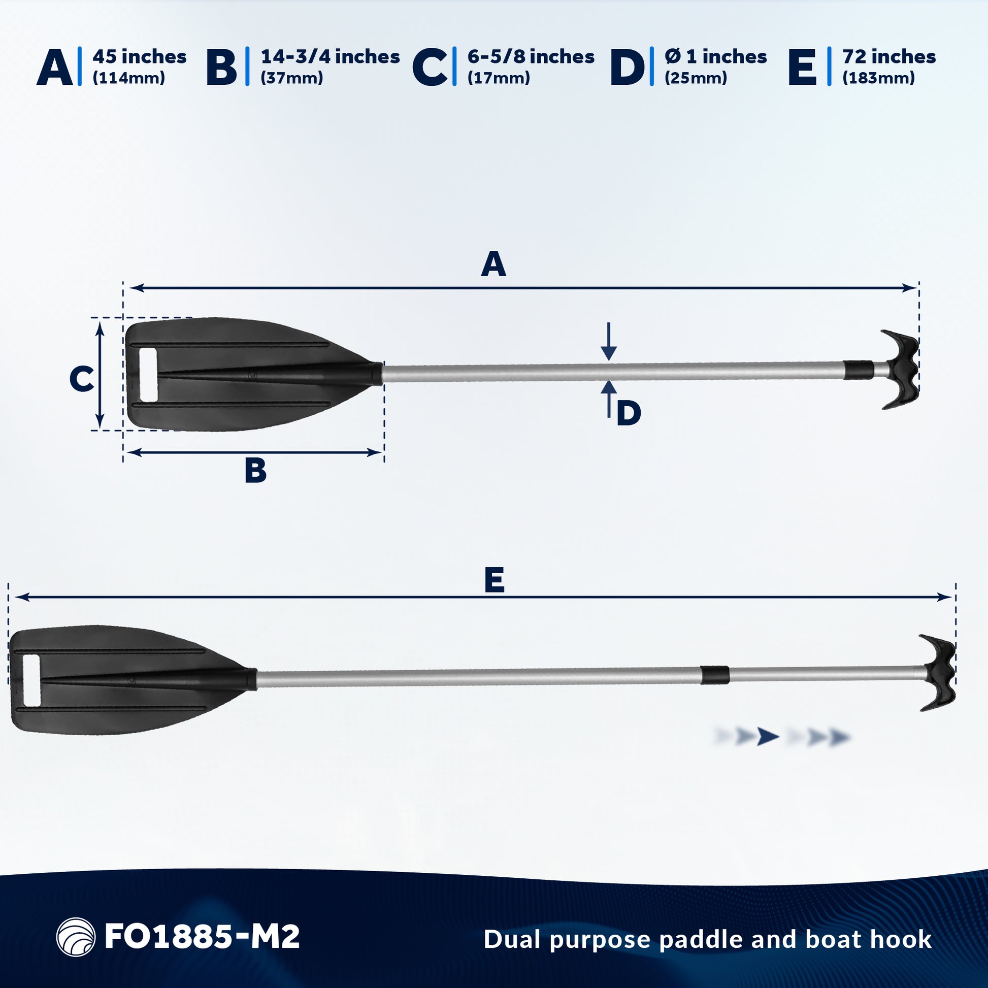 Telescoping Canoe Paddle and Boat Hook, Extend from 45" to 72" - 2-Pack - FO1885-M2 - Five Oceans
