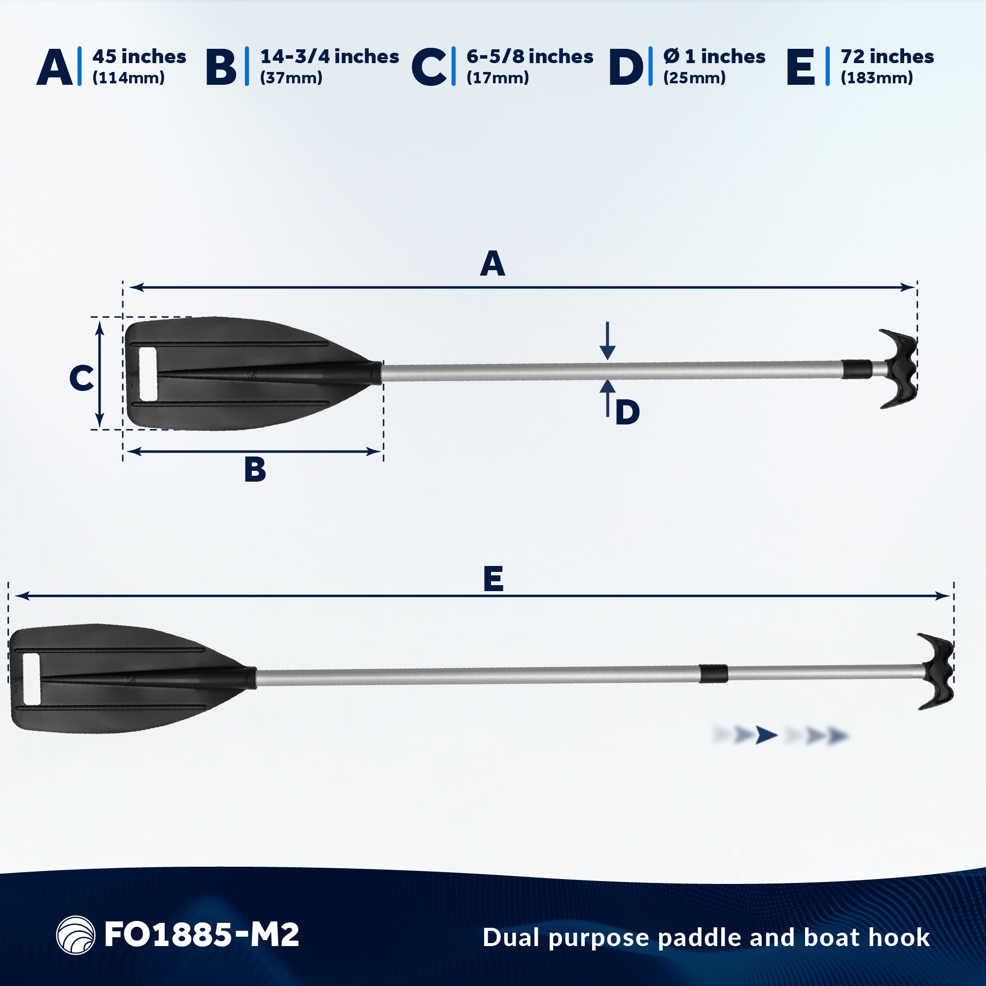 Telescoping Canoe Paddle and Boat Hook, Extend from 45" to 72" - 2-Pack - FO1885-M2 - Five Oceans