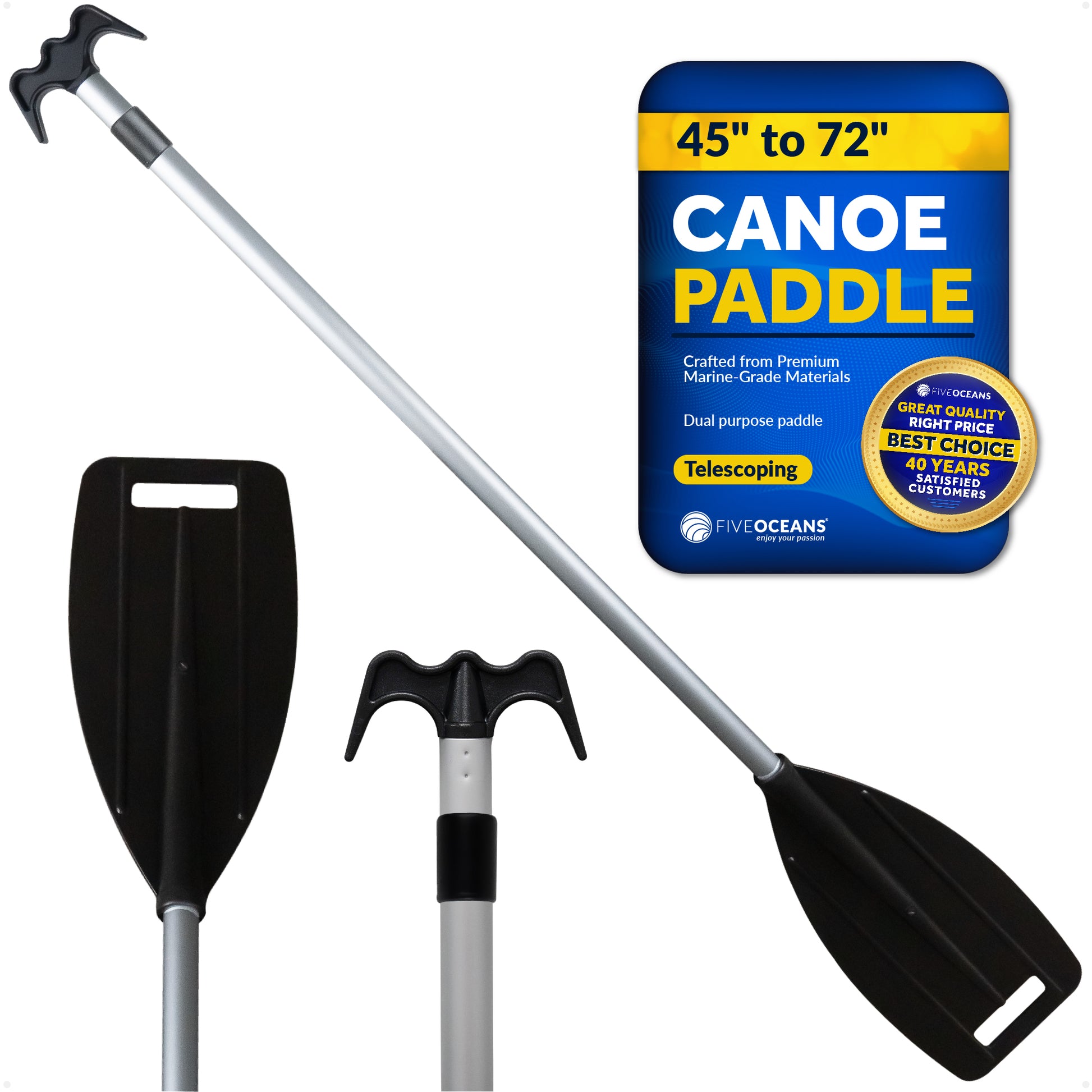 Telescoping Canoe Paddle and Boat Hook, Extend from 45" to 72" - FO1885 - Five Oceans