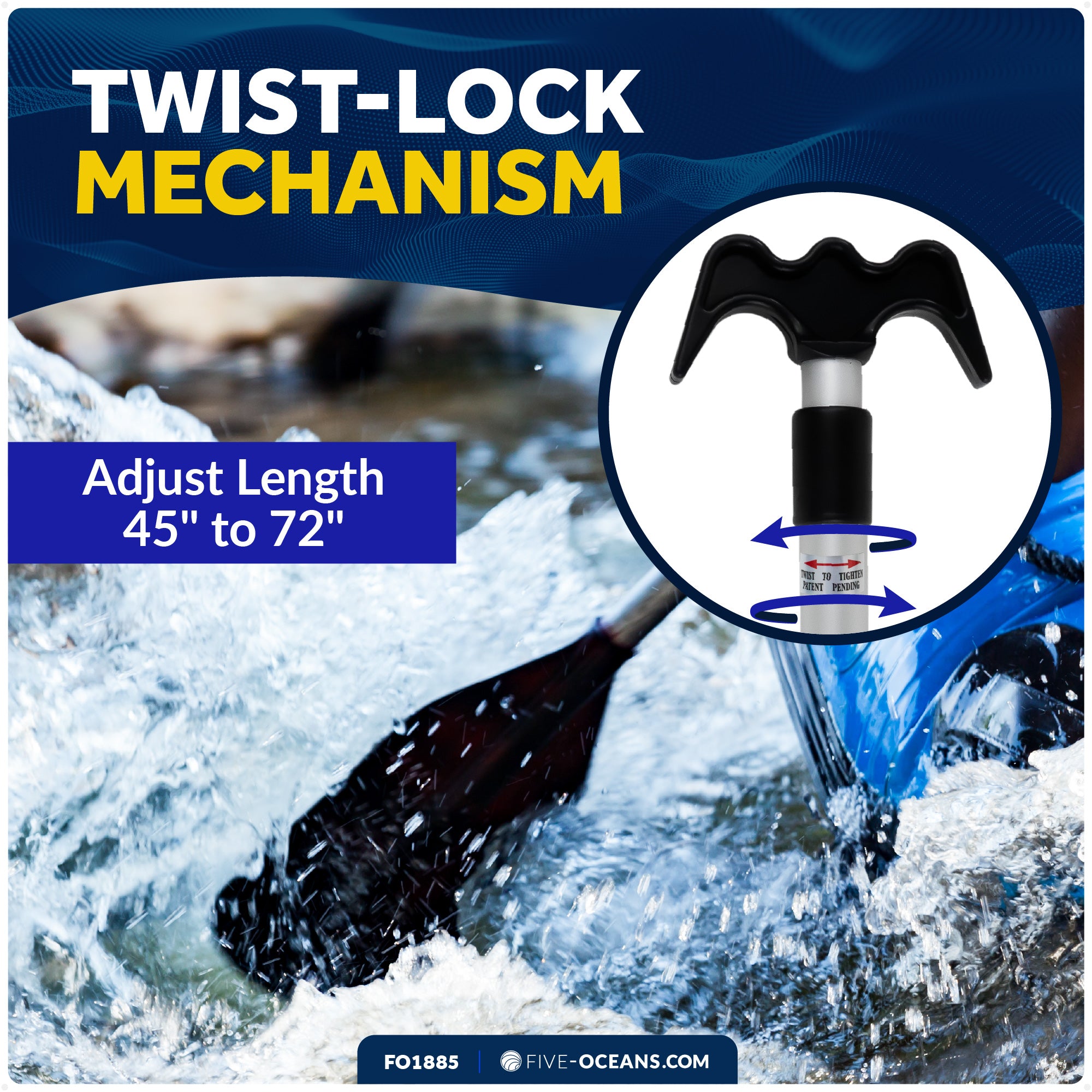 Telescoping Canoe Paddle and Boat Hook, Extend from 45" to 72" - FO1885 - Five Oceans