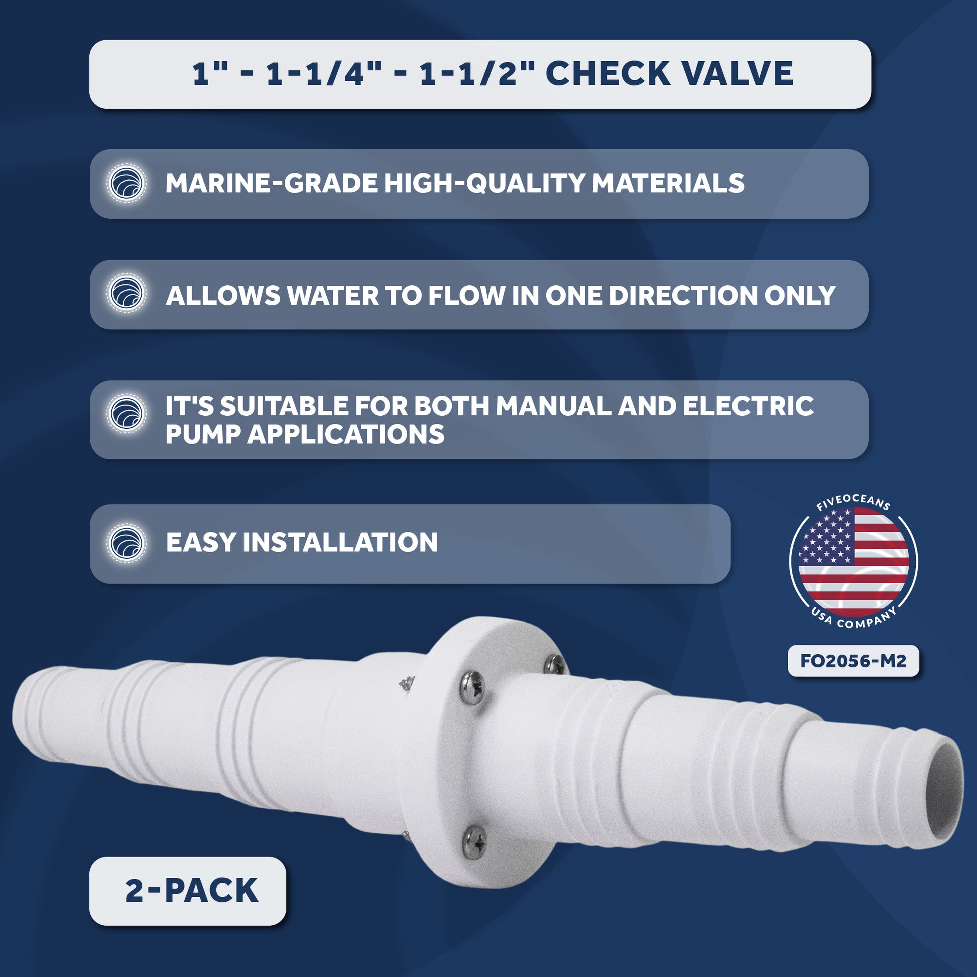 1" - 1-1/4" - 1-1/2" Check Valve, In-Line One-Way Stepped Connection - 2-Pack - FO2056-M2 - Five Oceans