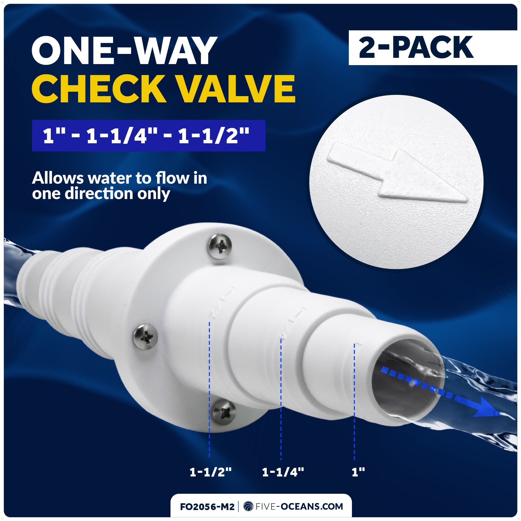 In-Line Check Valve with Stepped Connection 1"-1-1/4"-1-1/2", One-Way Flow, 2-Pack - FO2056-M2 - Five Oceans