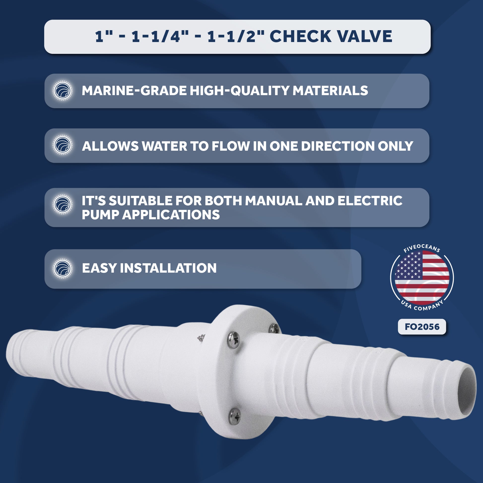 1" - 1-1/4" - 1-1/2" Check Valve, In-Line One-Way Stepped Connection - FO2056 - Five Oceans